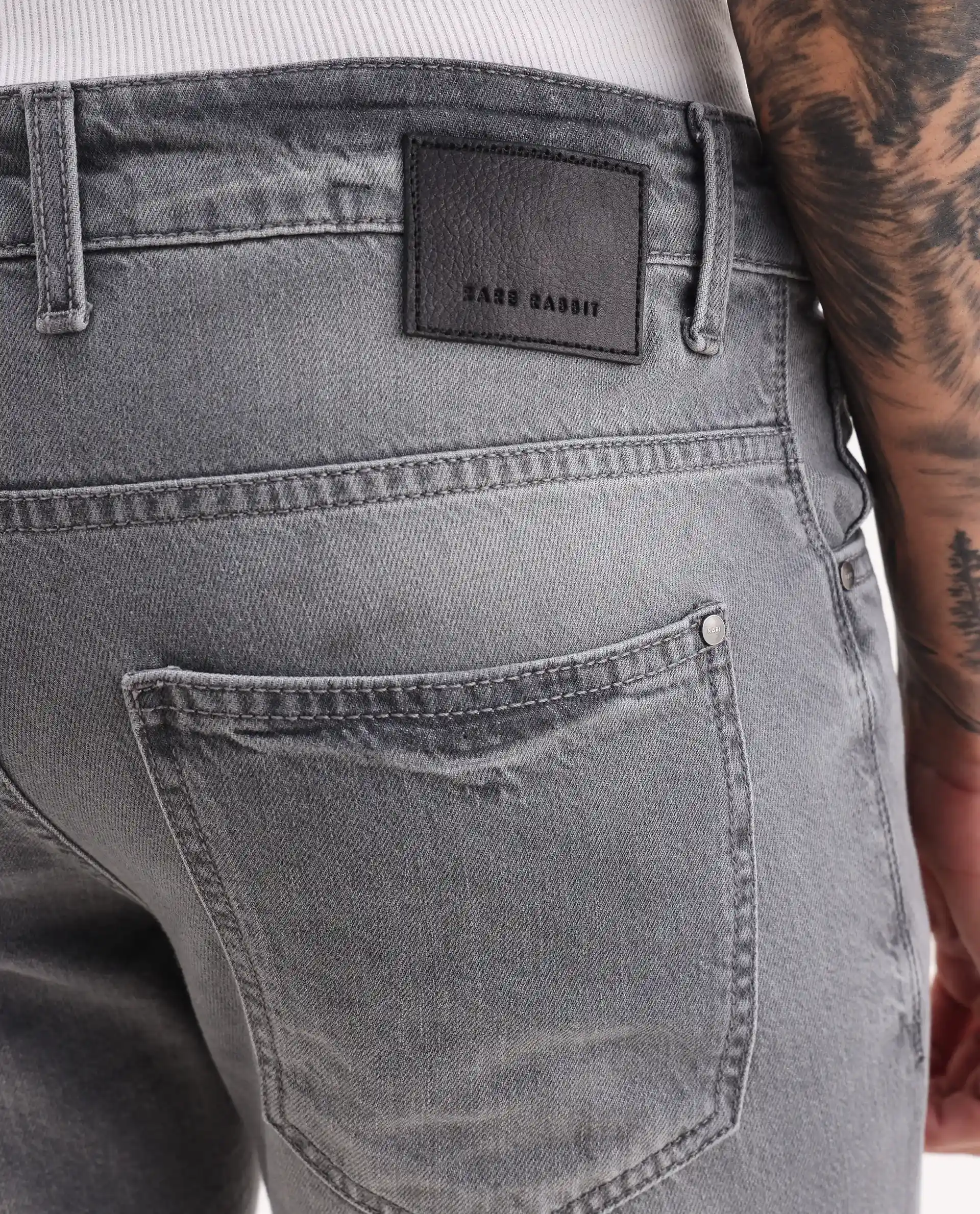 Rare Rabbit Men's Kairo-2 Grey Cotton Fabric Kurt Carrot Plain Jeans - Image 6