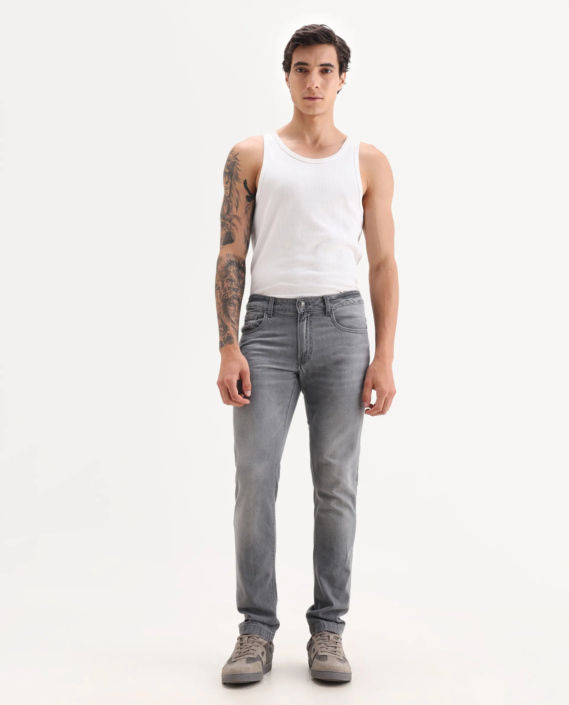 Rare Rabbit Men's Kairo-2 Grey Cotton Fabric Kurt Carrot Plain Jeans - Image 7