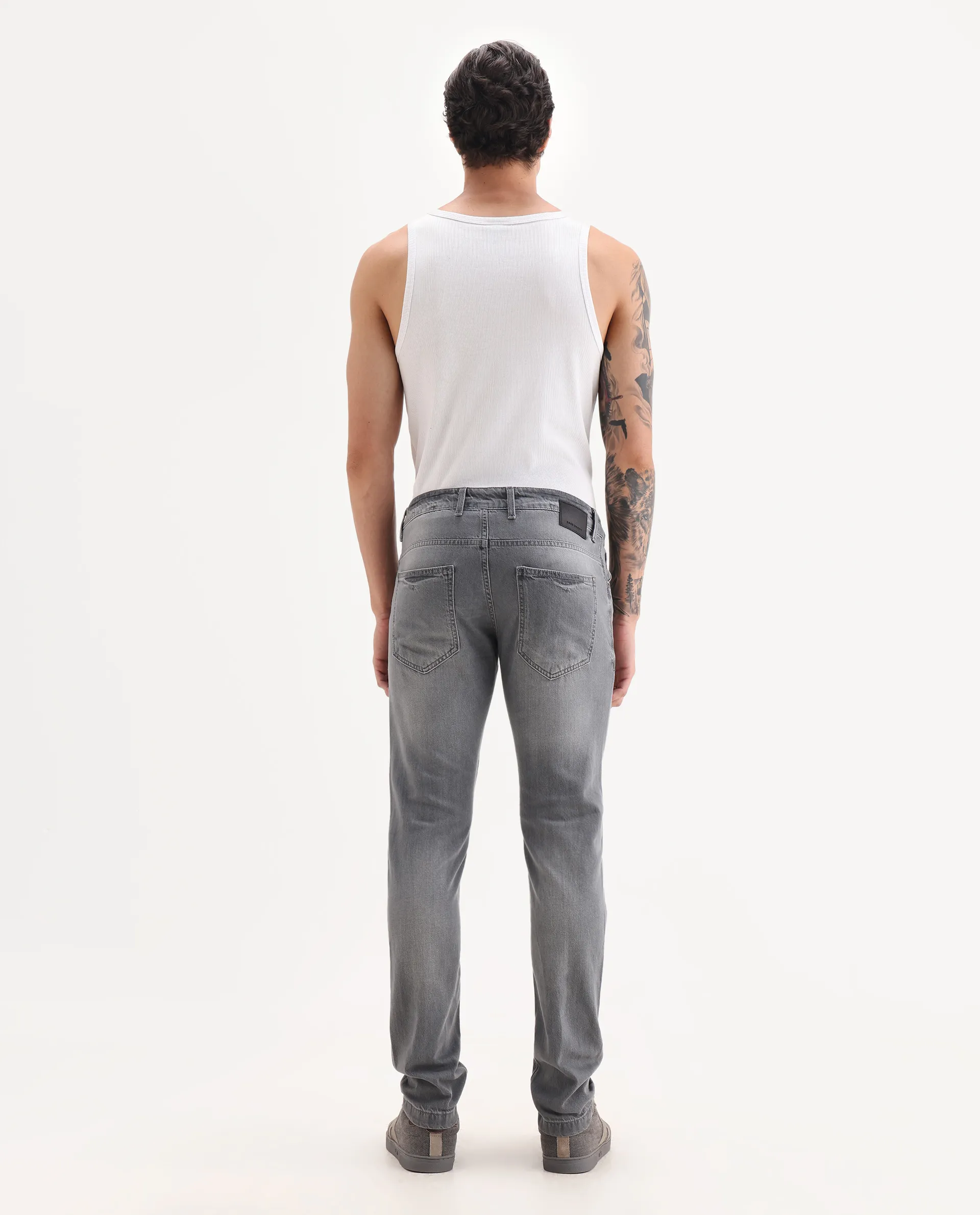 Rare Rabbit Men's Kairo-2 Grey Cotton Fabric Kurt Carrot Plain Jeans - Image 8