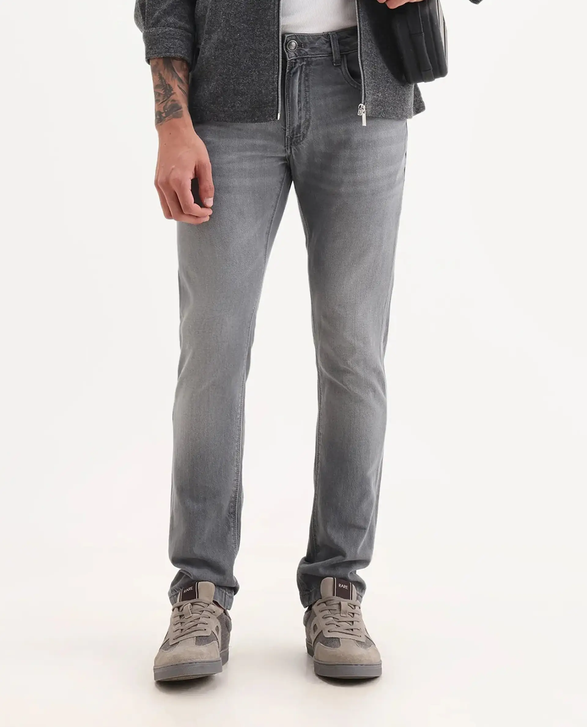 Rare Rabbit Men's Kairo-2 Grey Cotton Fabric Kurt Carrot Plain Jeans - Image 9