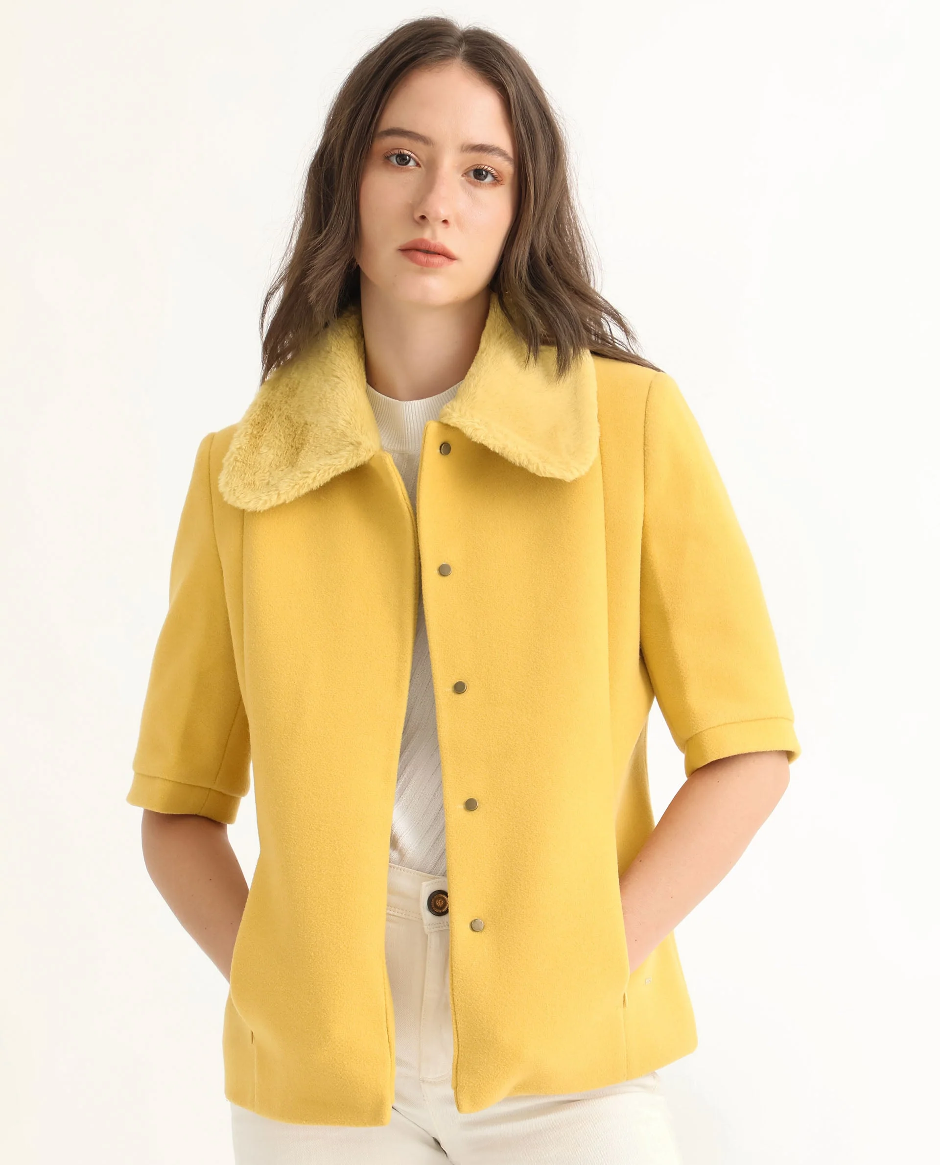 Rareism Women's Kaise Yellow Polyester Spread Collar Plain Bell Sleeve Regular Fit Jacket