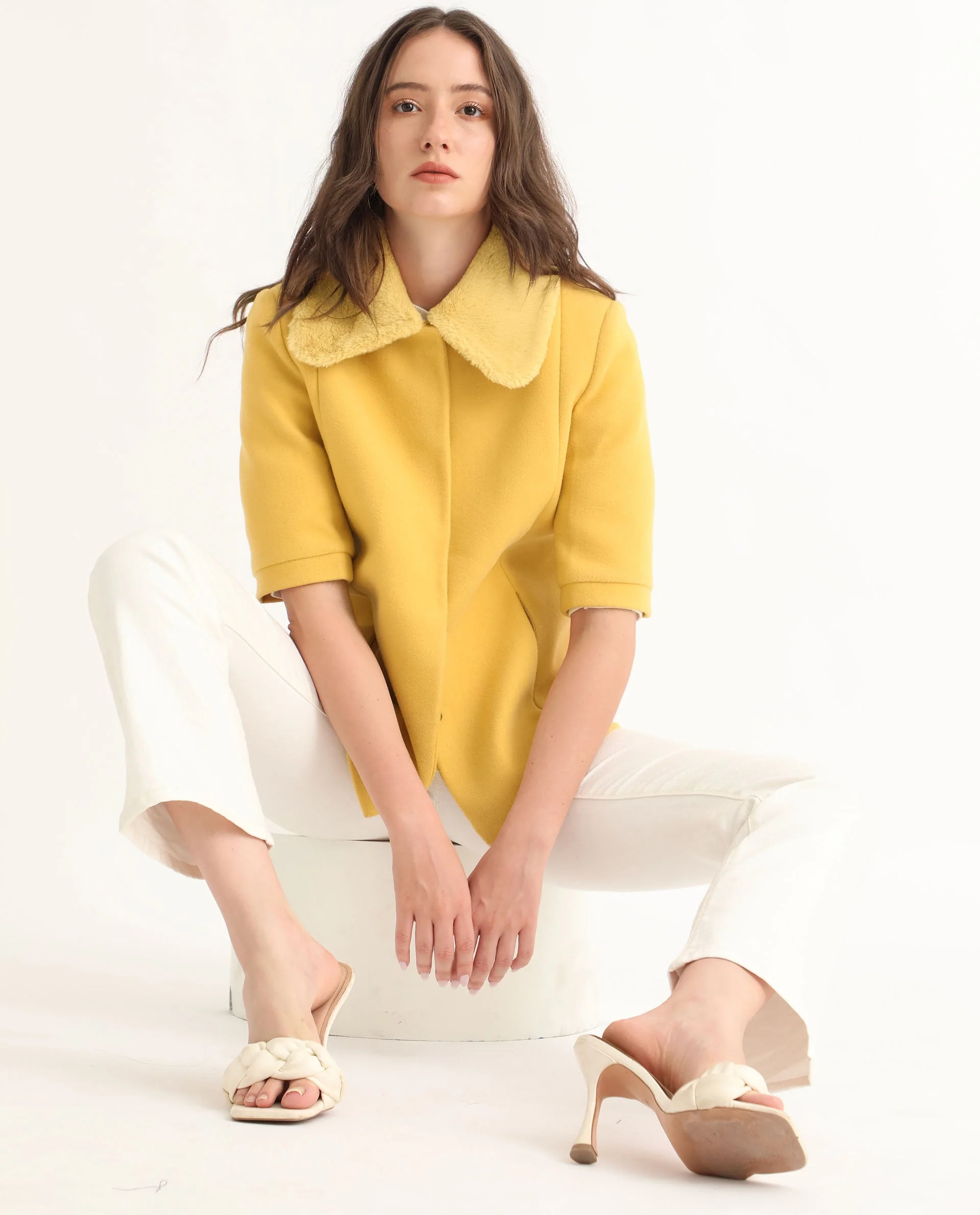 Rareism Women's Kaise Yellow Polyester Spread Collar Plain Bell Sleeve Regular Fit Jacket - Image 3