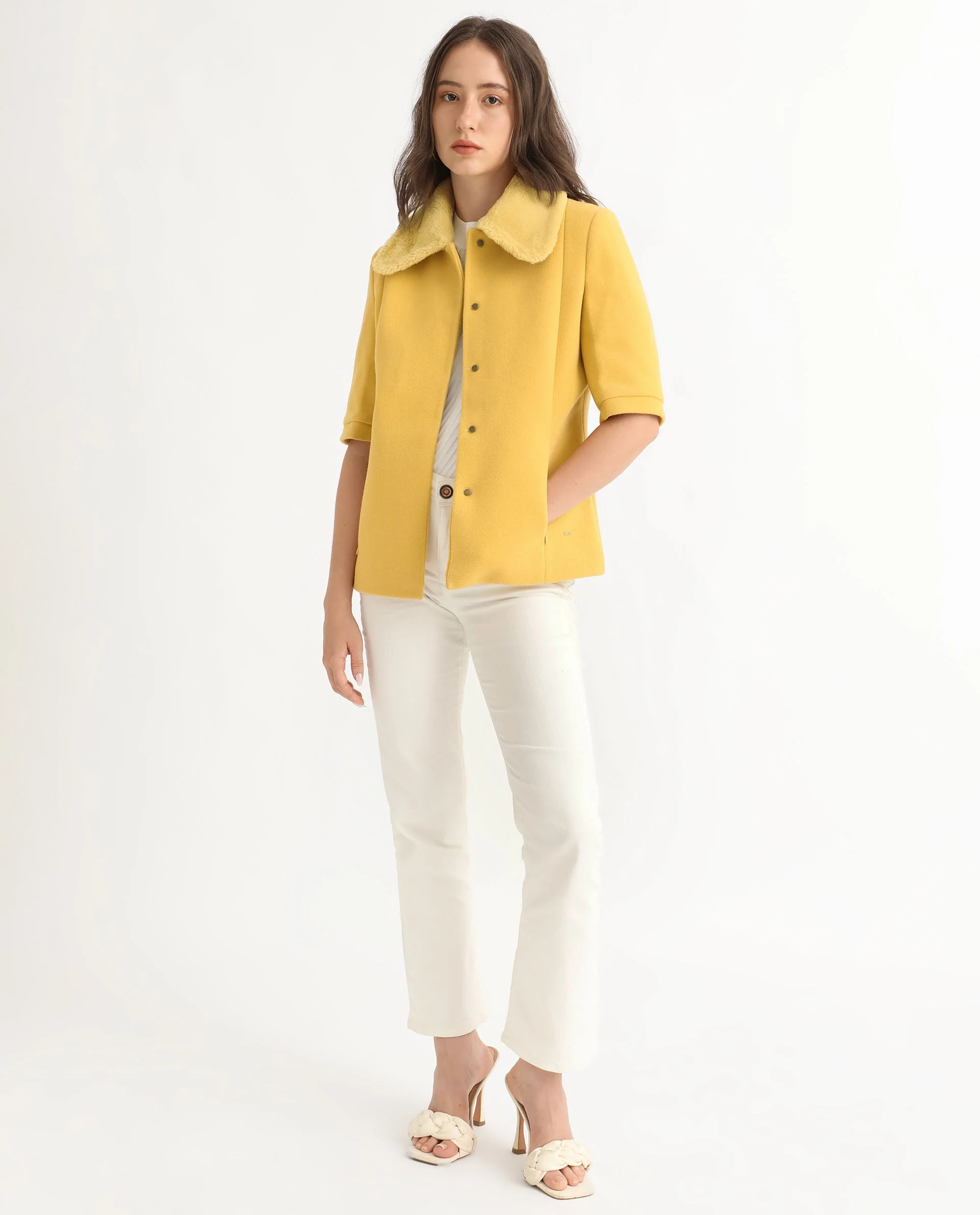Rareism Women's Kaise Yellow Polyester Spread Collar Plain Bell Sleeve Regular Fit Jacket - Image 6