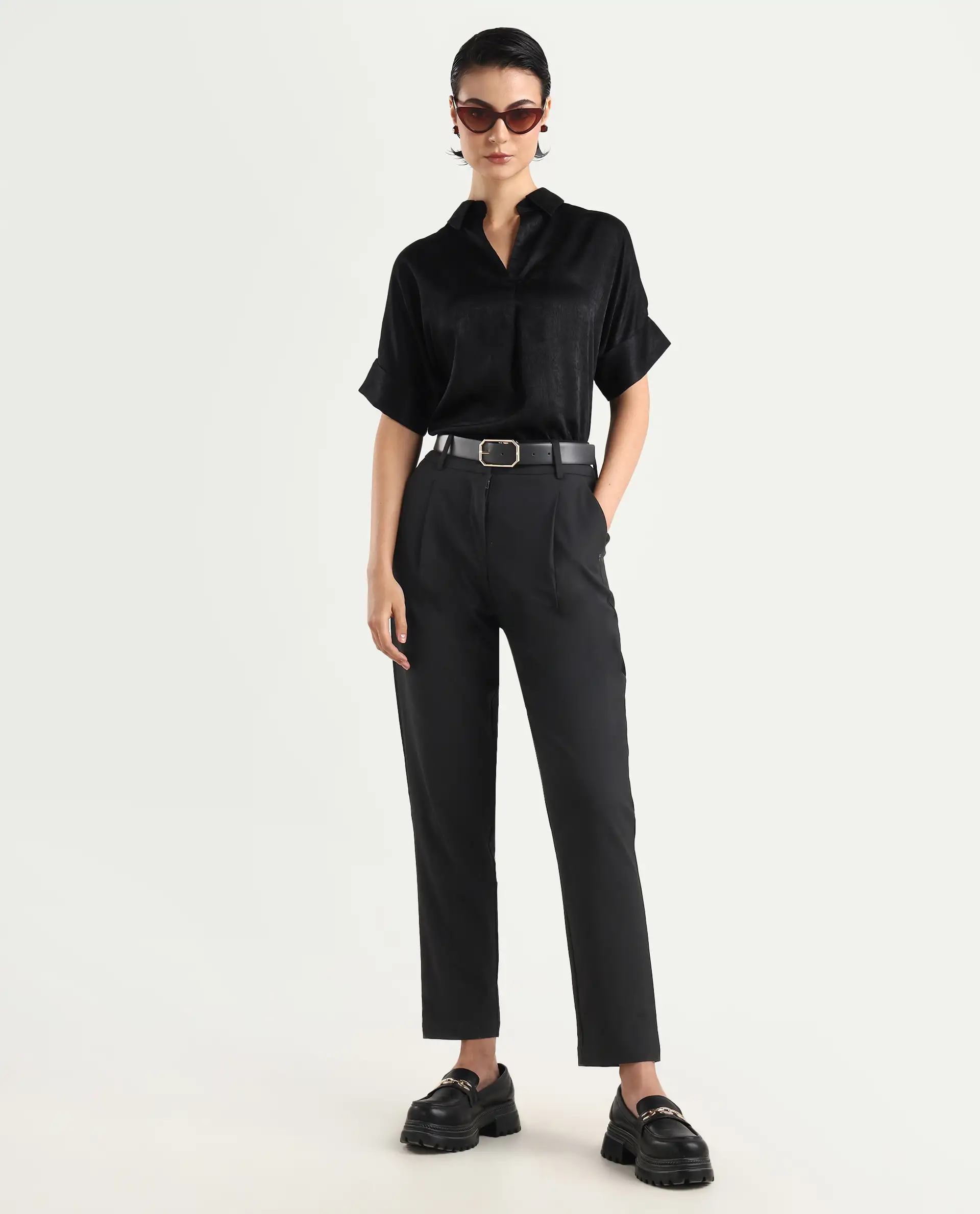Rareism Women's Kaish Black Polyester Blend Plain Ankle Length Tapered Trouser