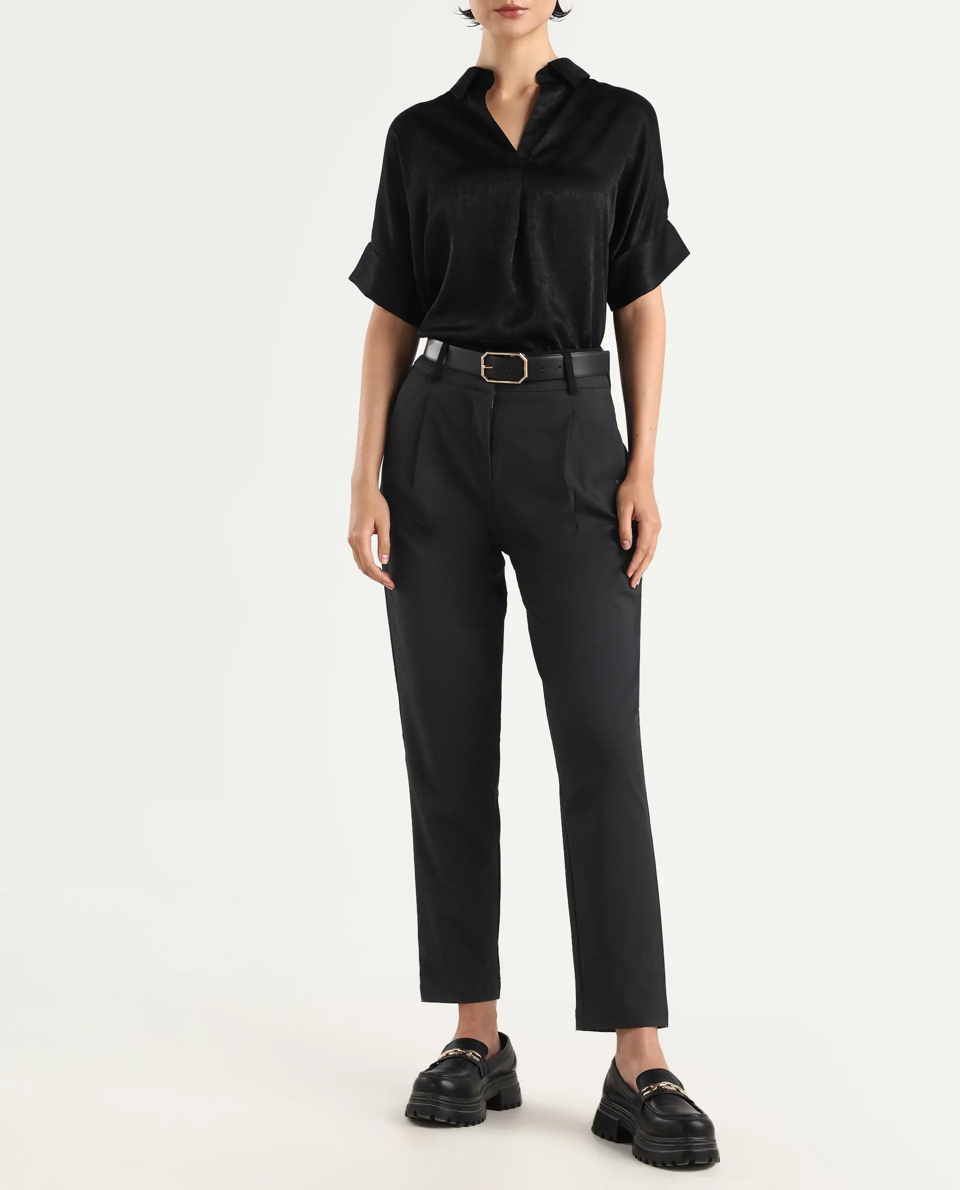 Rareism Women's Kaish Black Polyester Blend Plain Ankle Length Tapered Trouser - Image 2