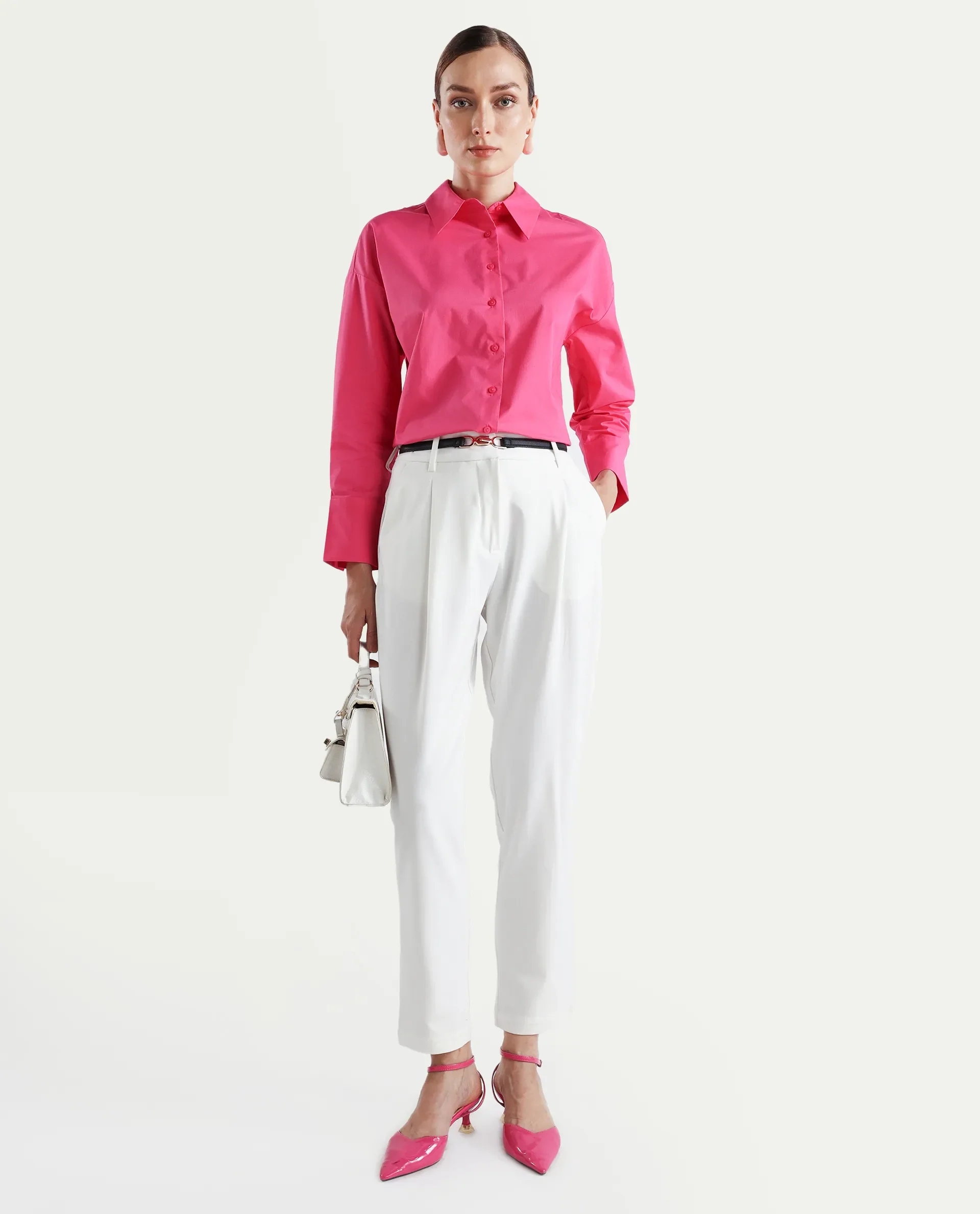 Rareism Women's Kaish Off White Polyester Blend Plain Ankle Length Tapered Trouser