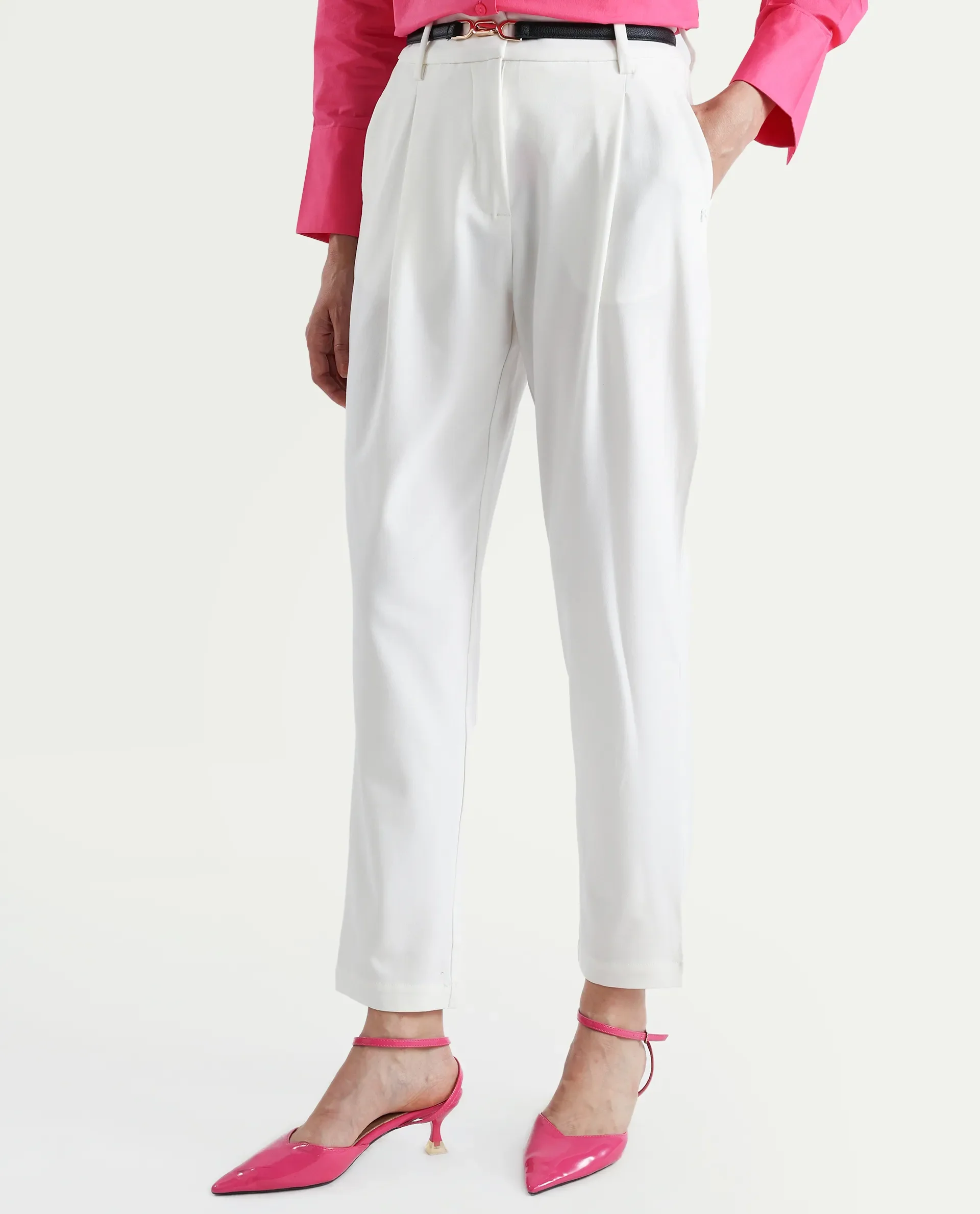 Rareism Women's Kaish Off White Polyester Blend Plain Ankle Length Tapered Trouser - Image 3