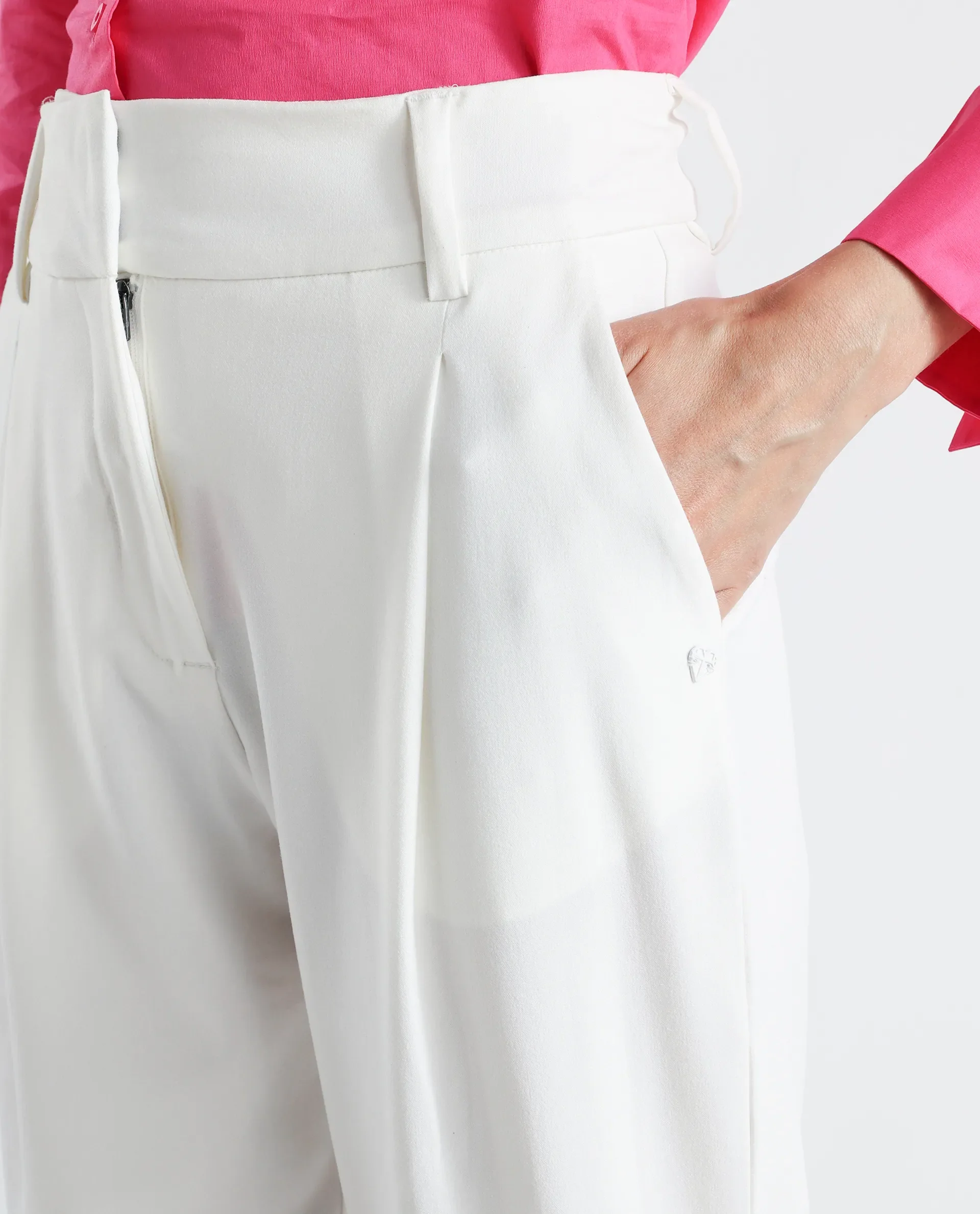 Rareism Women's Kaish Off White Polyester Blend Plain Ankle Length Tapered Trouser - Image 5