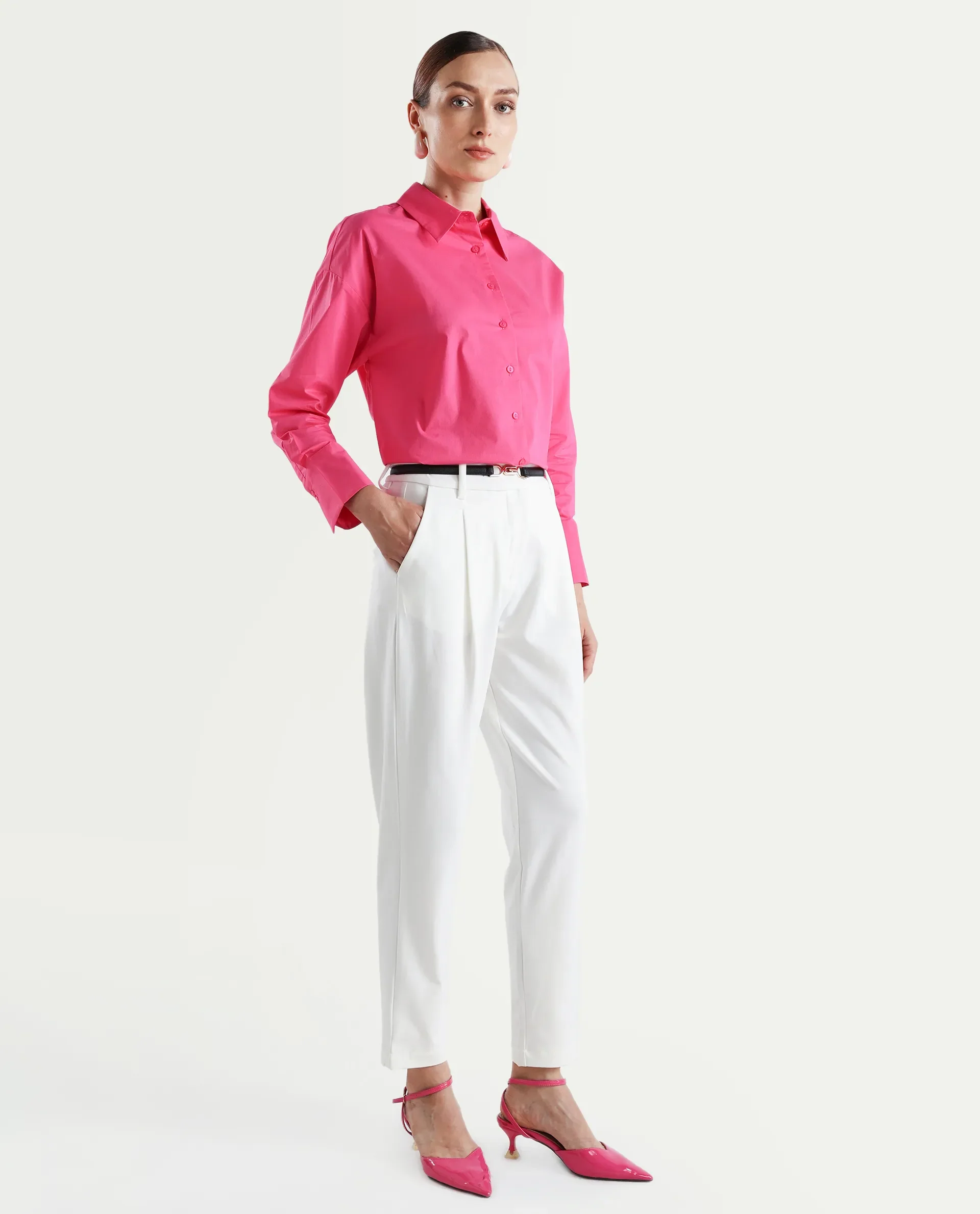 Rareism Women's Kaish Off White Polyester Blend Plain Ankle Length Tapered Trouser - Image 8