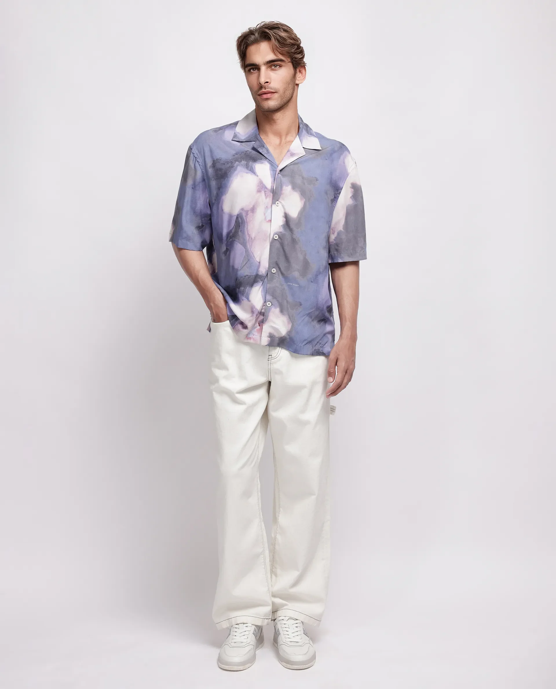 Rare Rabbit Men's Kaito Light Purple Viscose Abstract Print Boxy Fit Half Sleeve Cuban Collar Shirt - Image 2