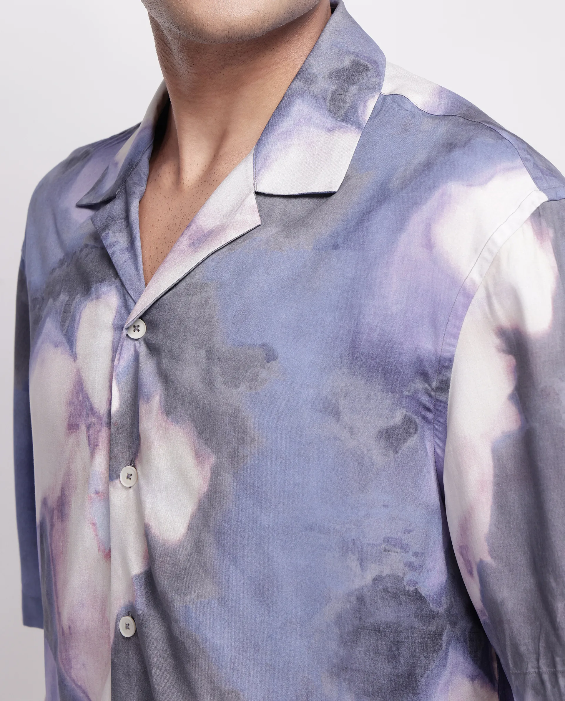 Rare Rabbit Men's Kaito Light Purple Viscose Abstract Print Boxy Fit Half Sleeve Cuban Collar Shirt - Image 3