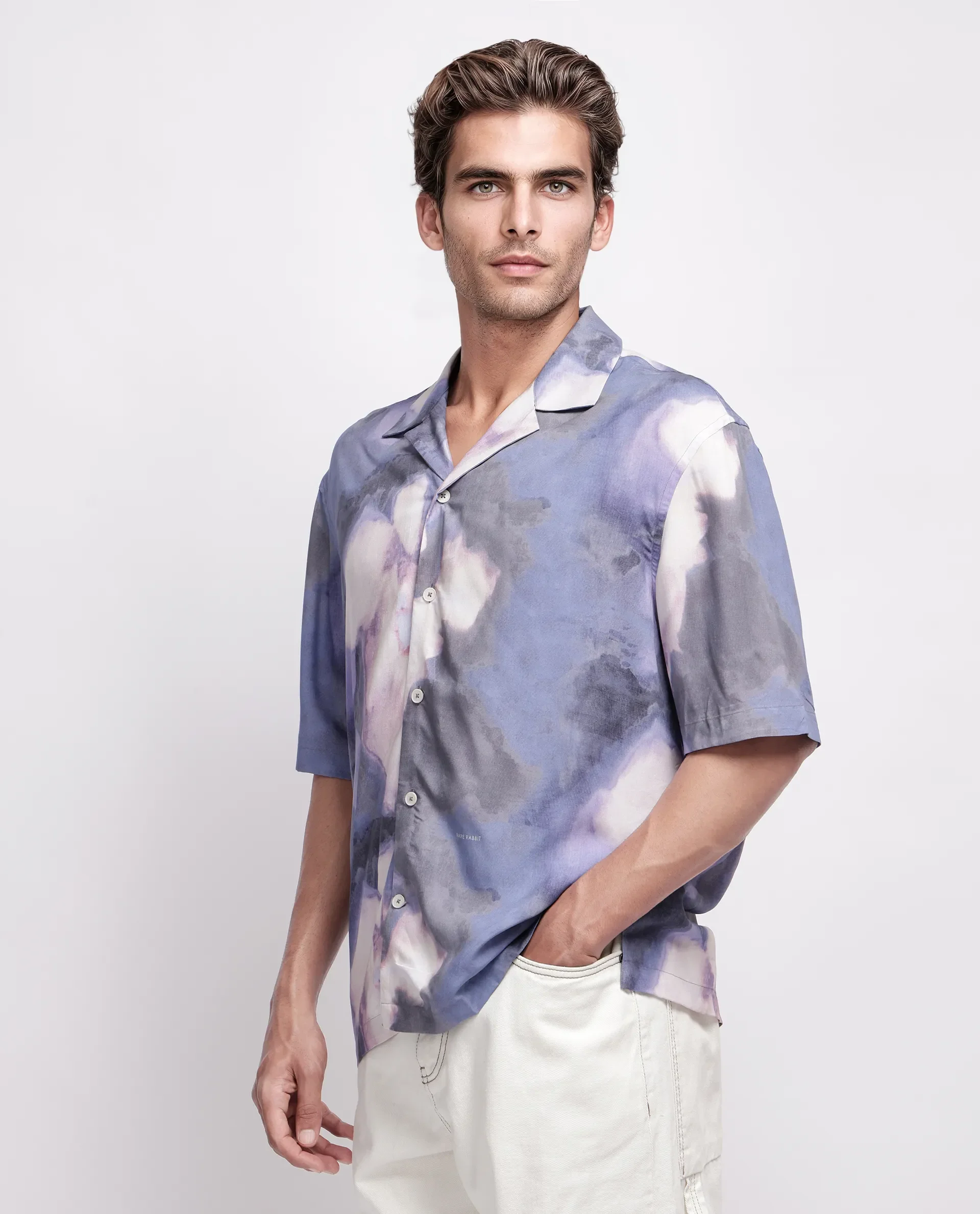 Rare Rabbit Men's Kaito Light Purple Viscose Abstract Print Boxy Fit Half Sleeve Cuban Collar Shirt - Image 5