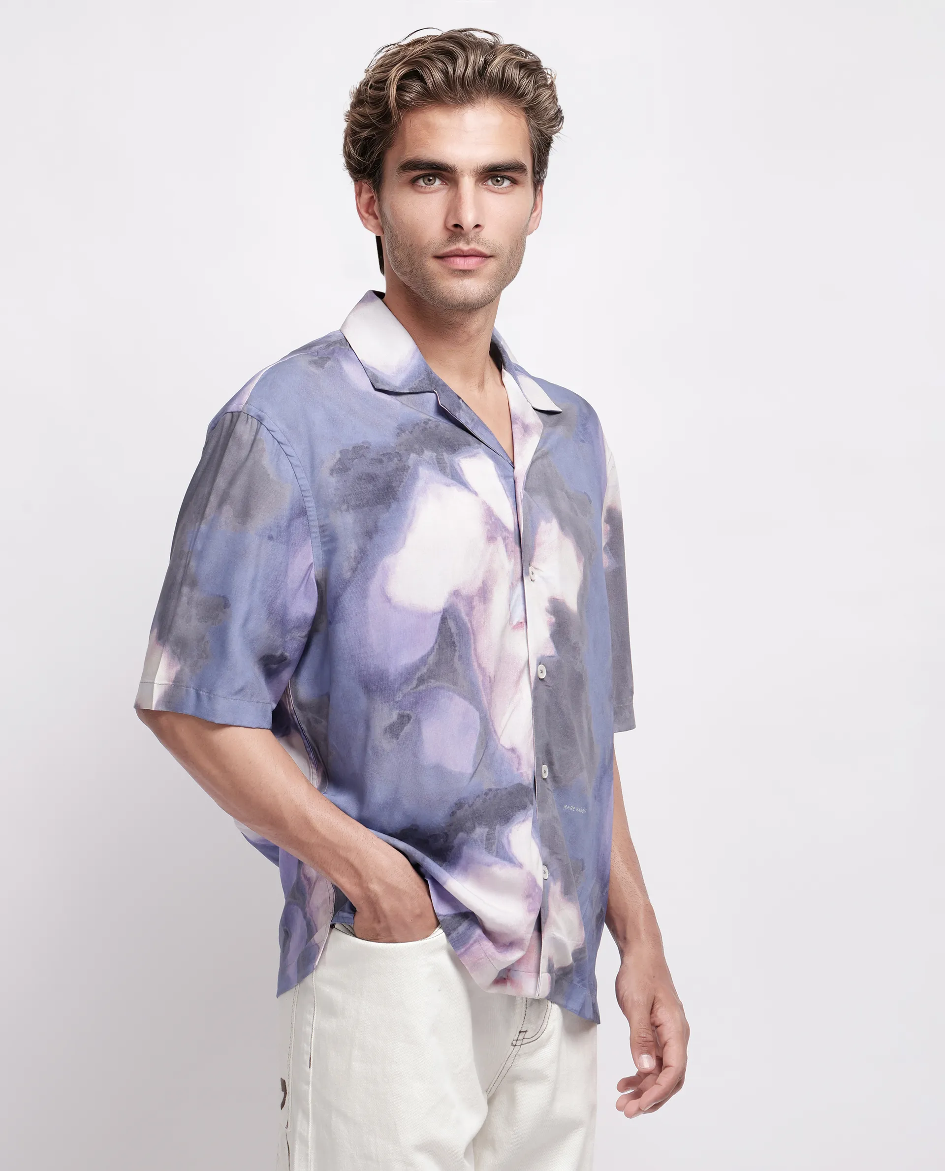 Rare Rabbit Men's Kaito Light Purple Viscose Abstract Print Boxy Fit Half Sleeve Cuban Collar Shirt - Image 6