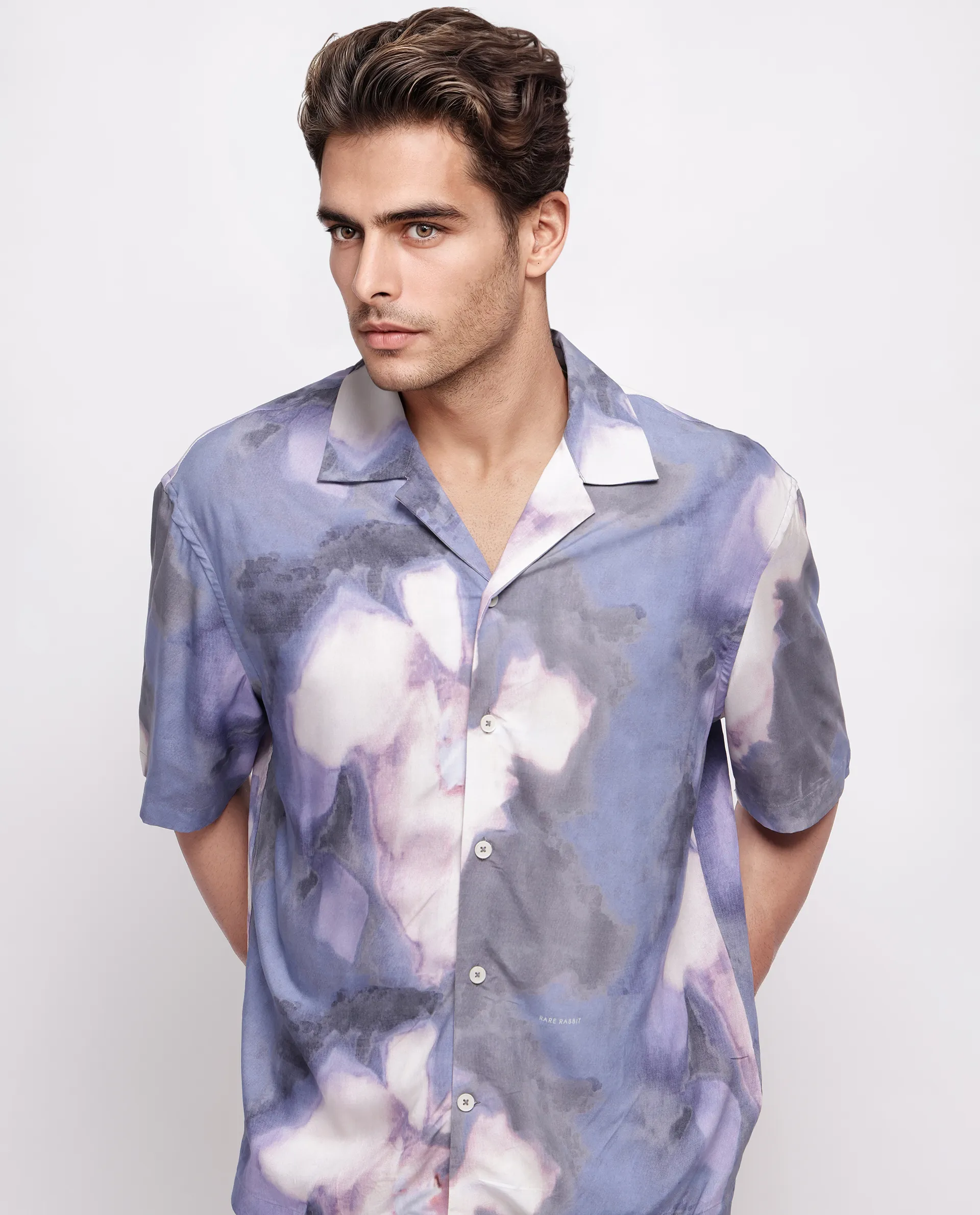 Rare Rabbit Men's Kaito Light Purple Viscose Abstract Print Boxy Fit Half Sleeve Cuban Collar Shirt - Image 8