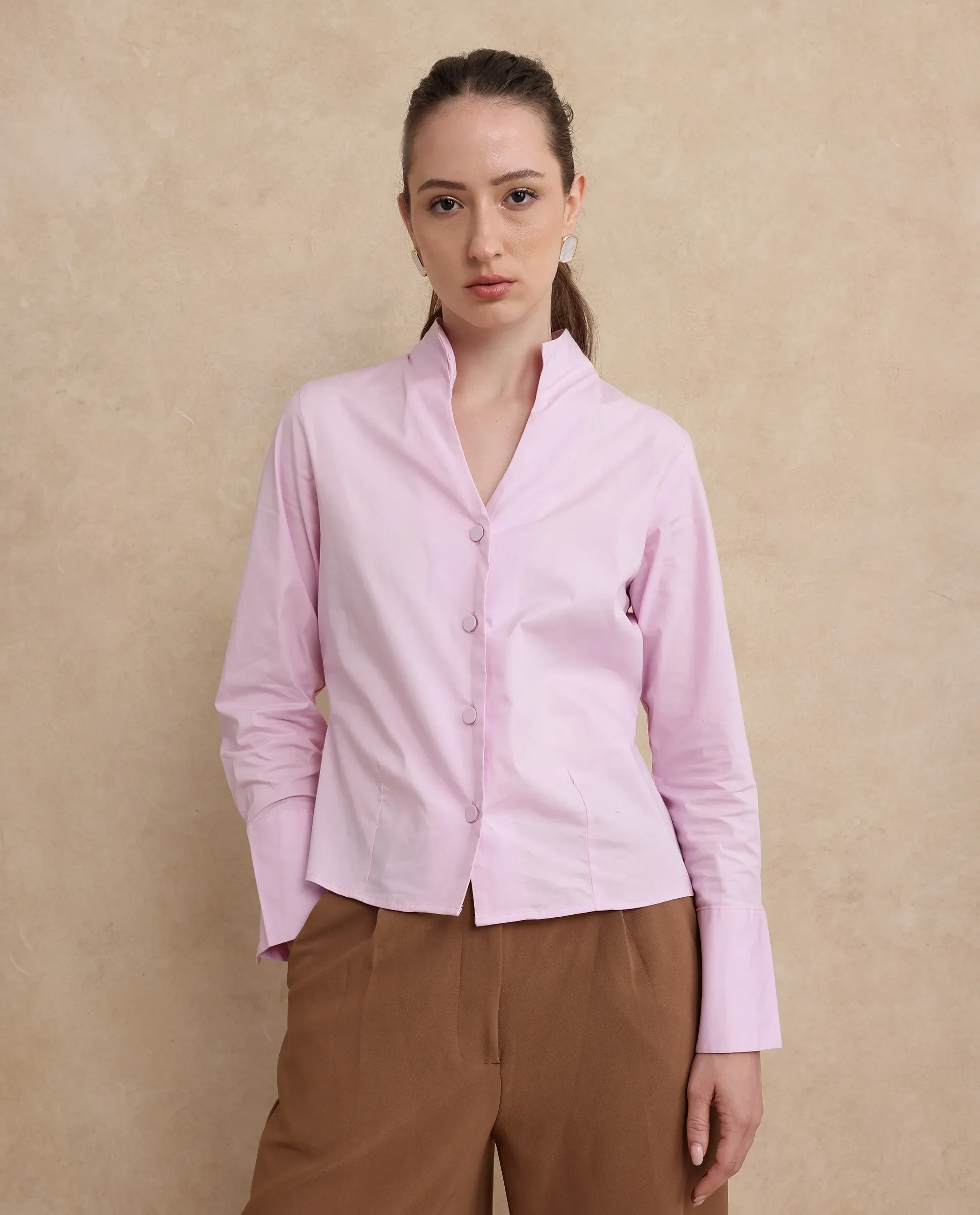 Rareism Women's Kaldo Light Pink Cotton High Neck Plain Crop Regular Fit Shirt - Image 4
