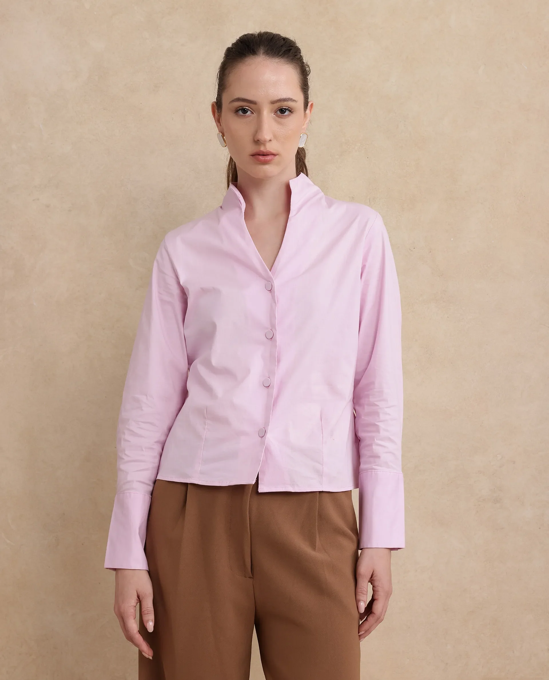 Rareism Women's Kaldo Light Pink Cotton High Neck Plain Crop Regular Fit Shirt - Image 5