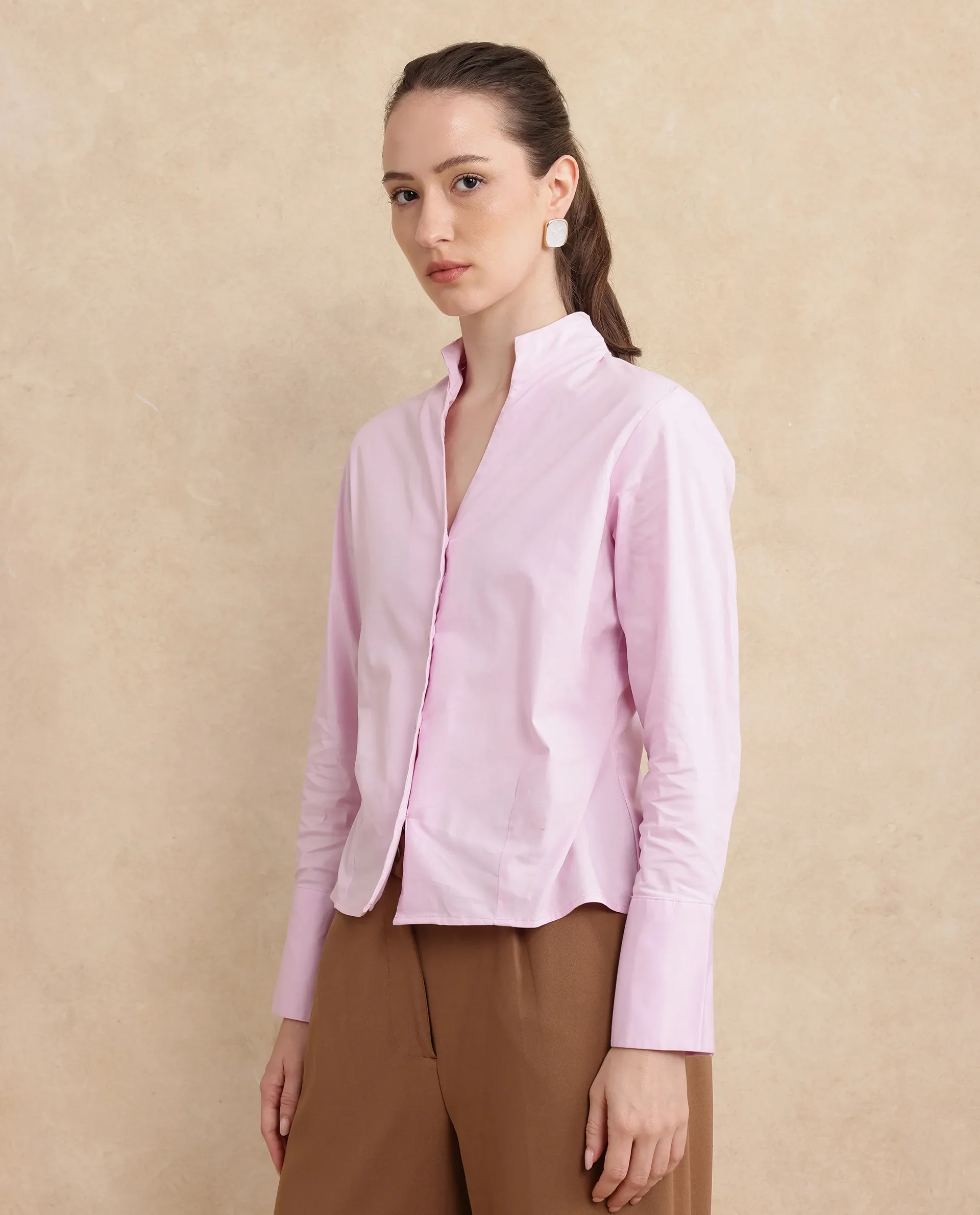 Rareism Women's Kaldo Light Pink Cotton High Neck Plain Crop Regular Fit Shirt - Image 7