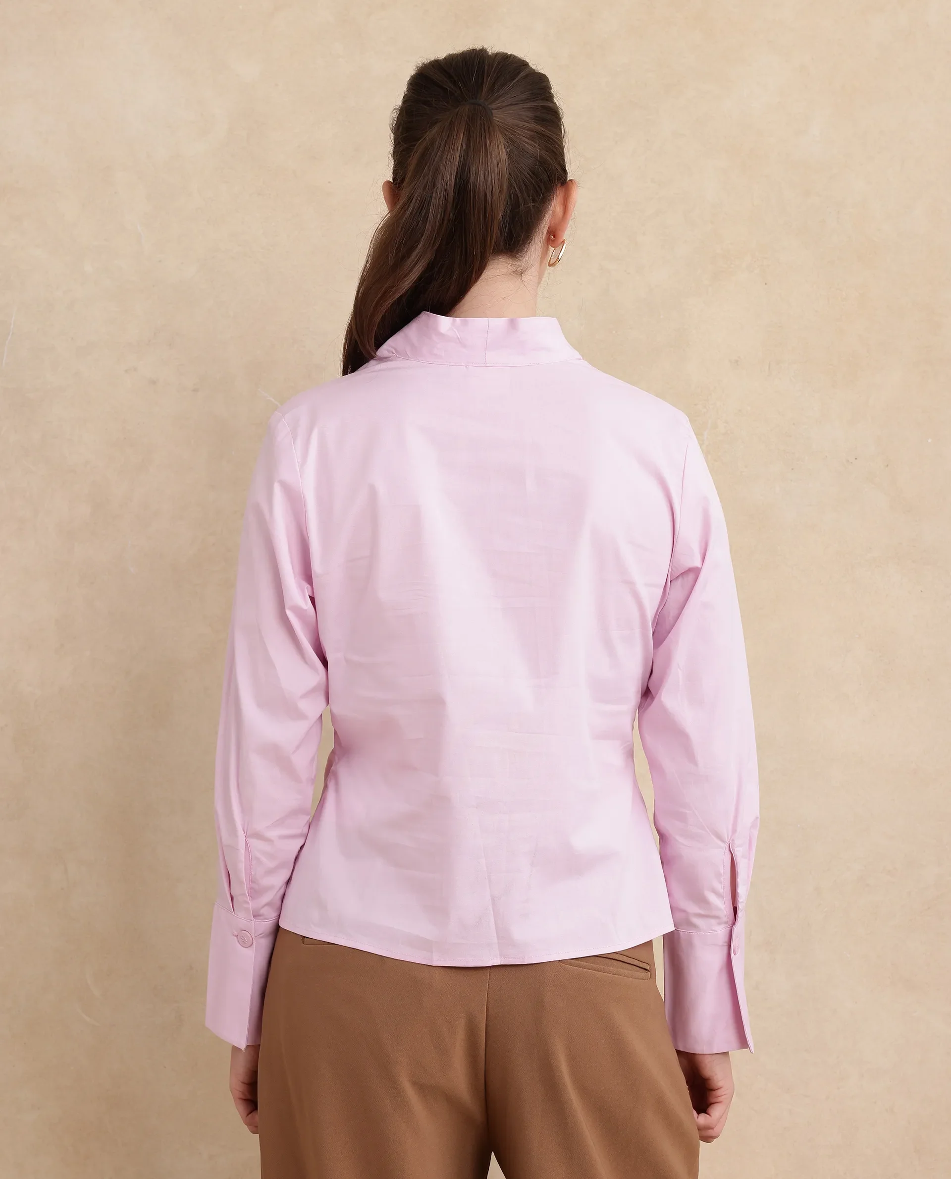 Rareism Women's Kaldo Light Pink Cotton High Neck Plain Crop Regular Fit Shirt - Image 8