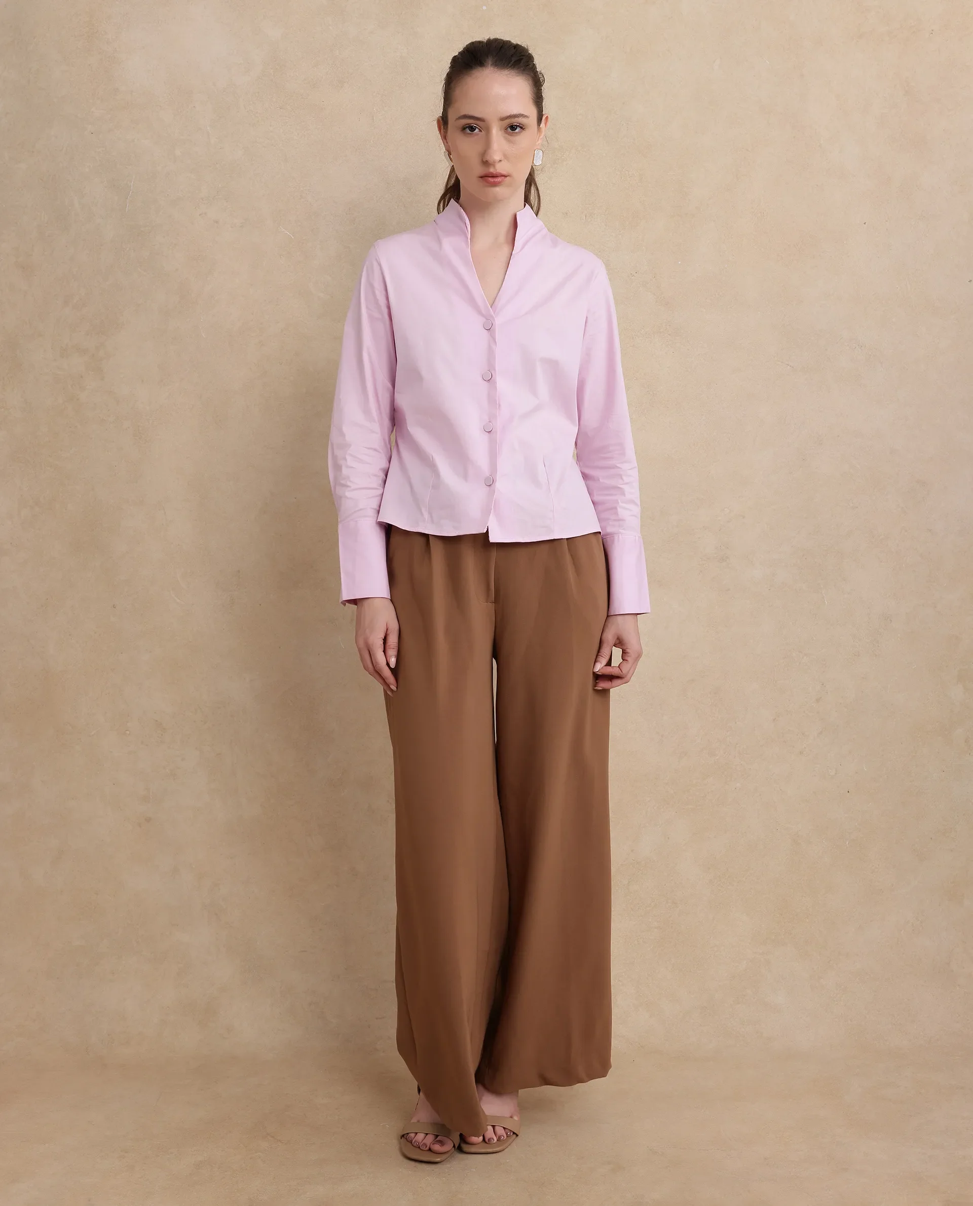Rareism Women's Kaldo Light Pink Cotton High Neck Plain Crop Regular Fit Shirt - Image 9