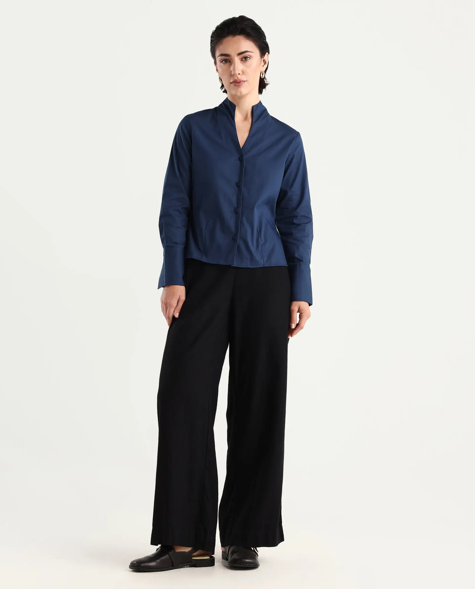 Rareism Women's Kaldo Light Navy Cotton Blend High Neck Plain Crop Regular Fit Top - Image 2