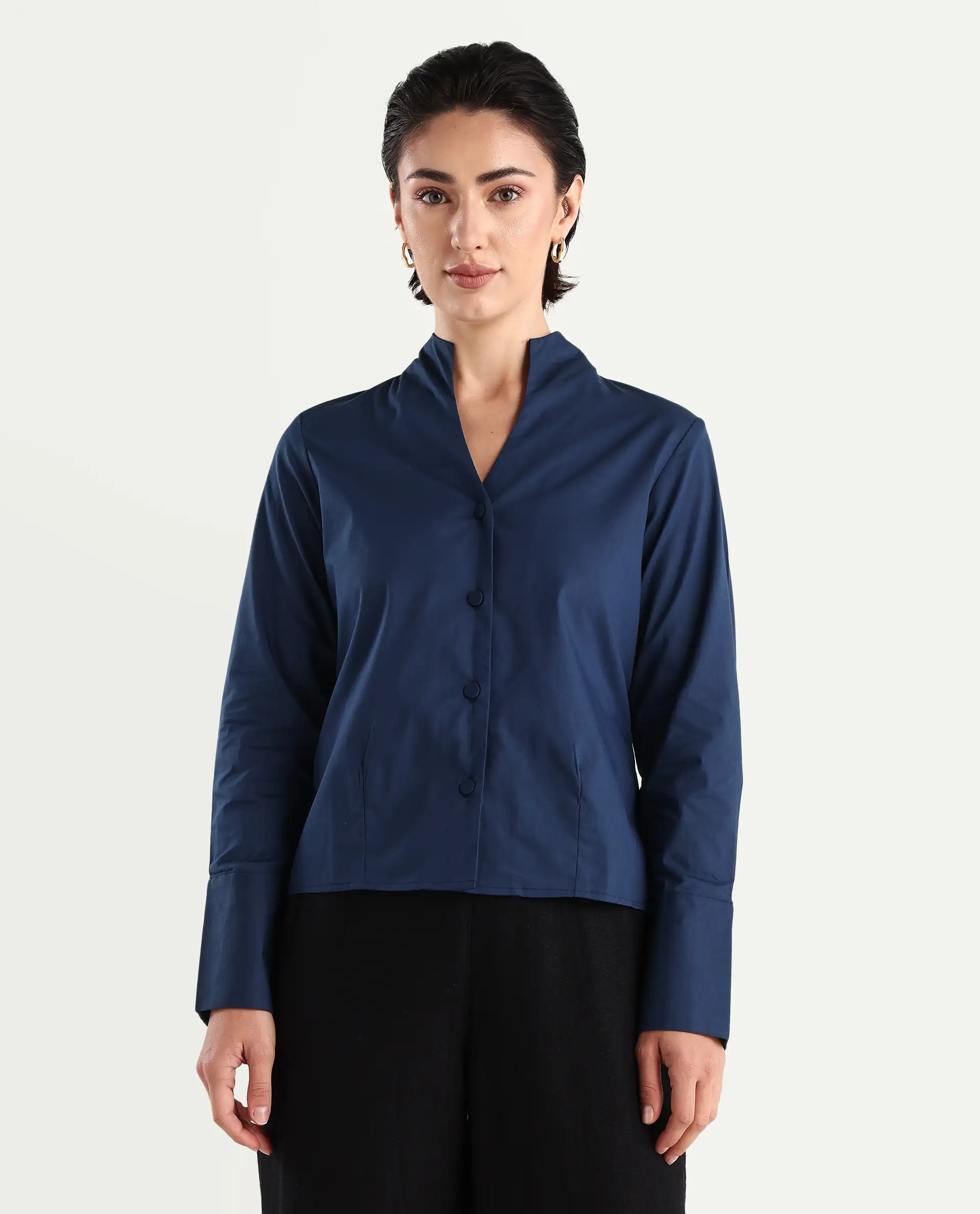 Rareism Women's Kaldo Light Navy Cotton Blend High Neck Plain Crop Regular Fit Top - Image 4