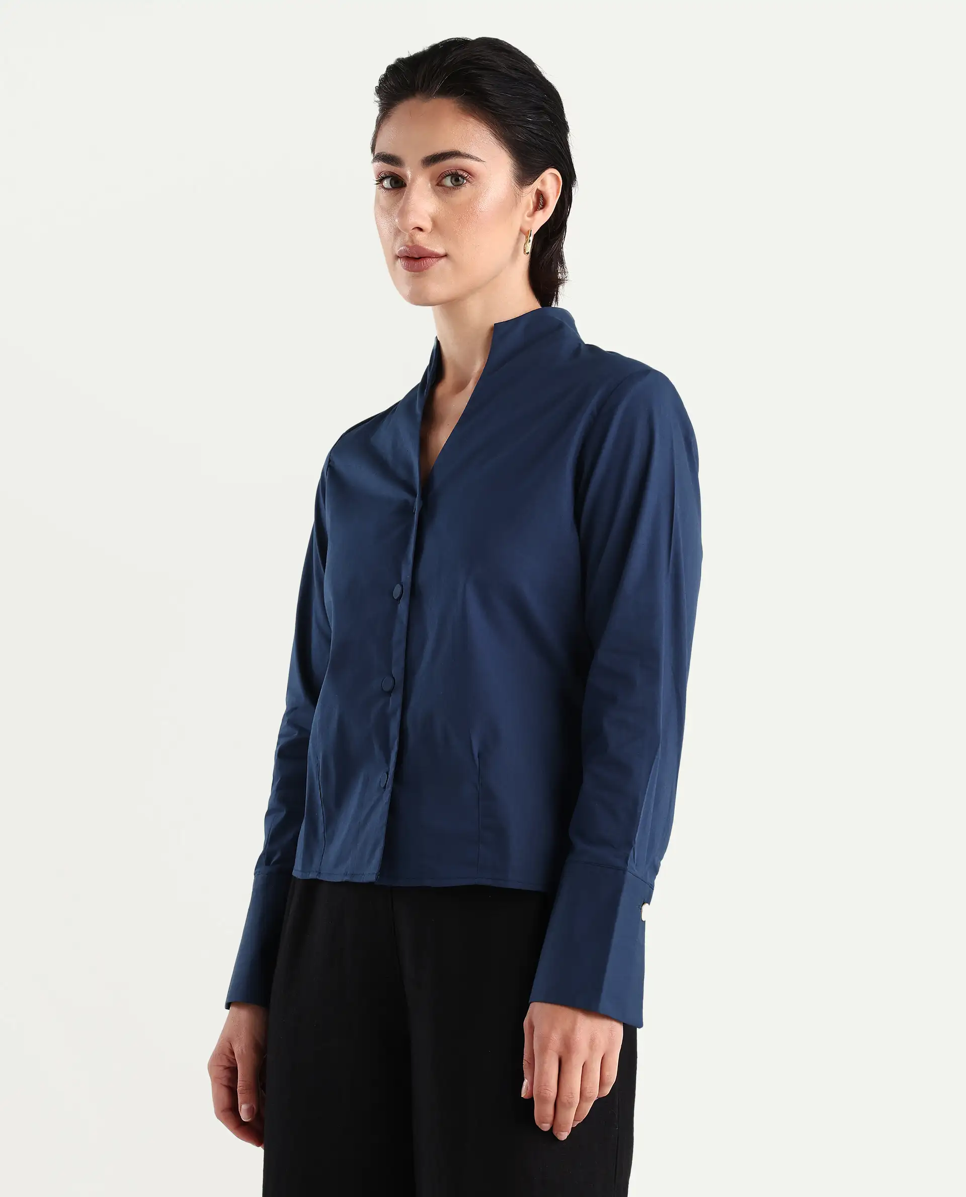 Rareism Women's Kaldo Light Navy Cotton Blend High Neck Plain Crop Regular Fit Top - Image 5