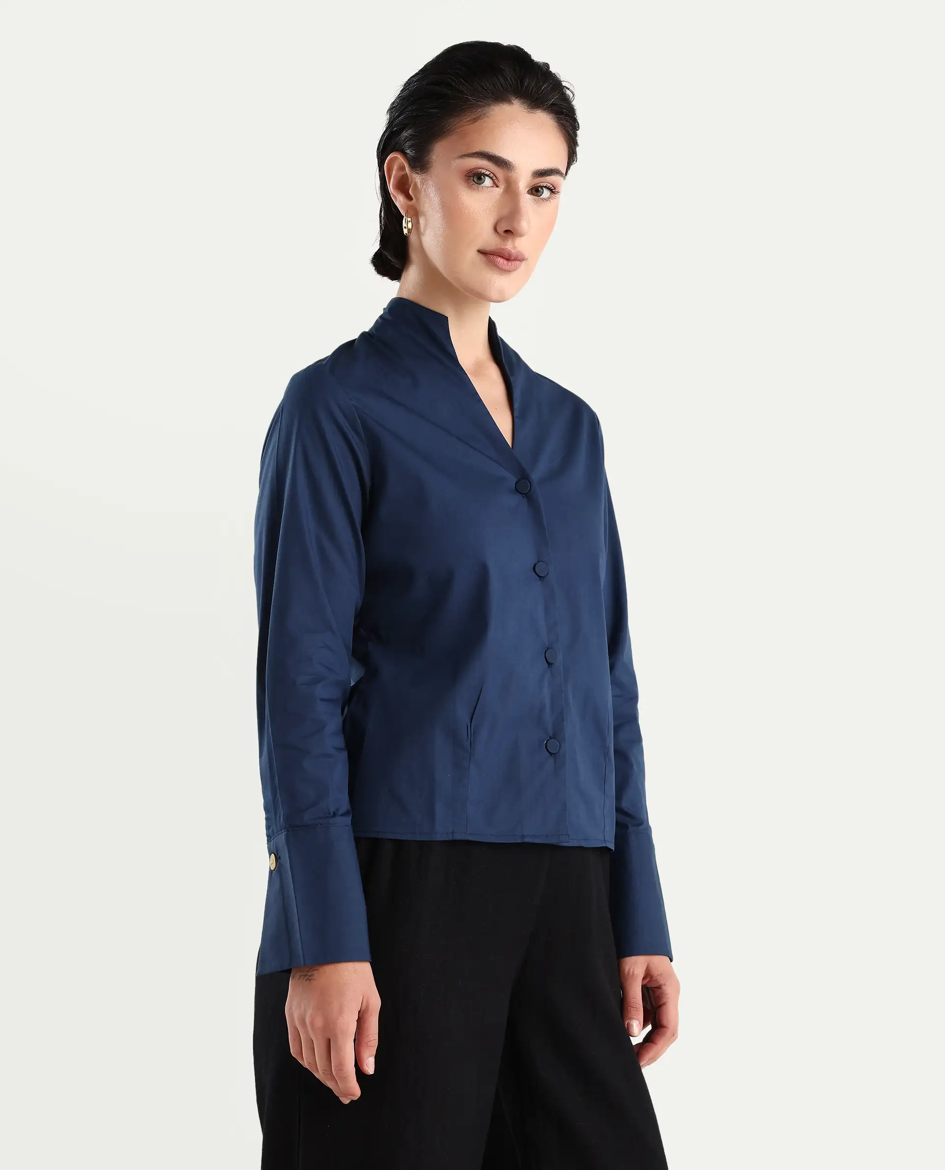 Rareism Women's Kaldo Light Navy Cotton Blend High Neck Plain Crop Regular Fit Top - Image 6