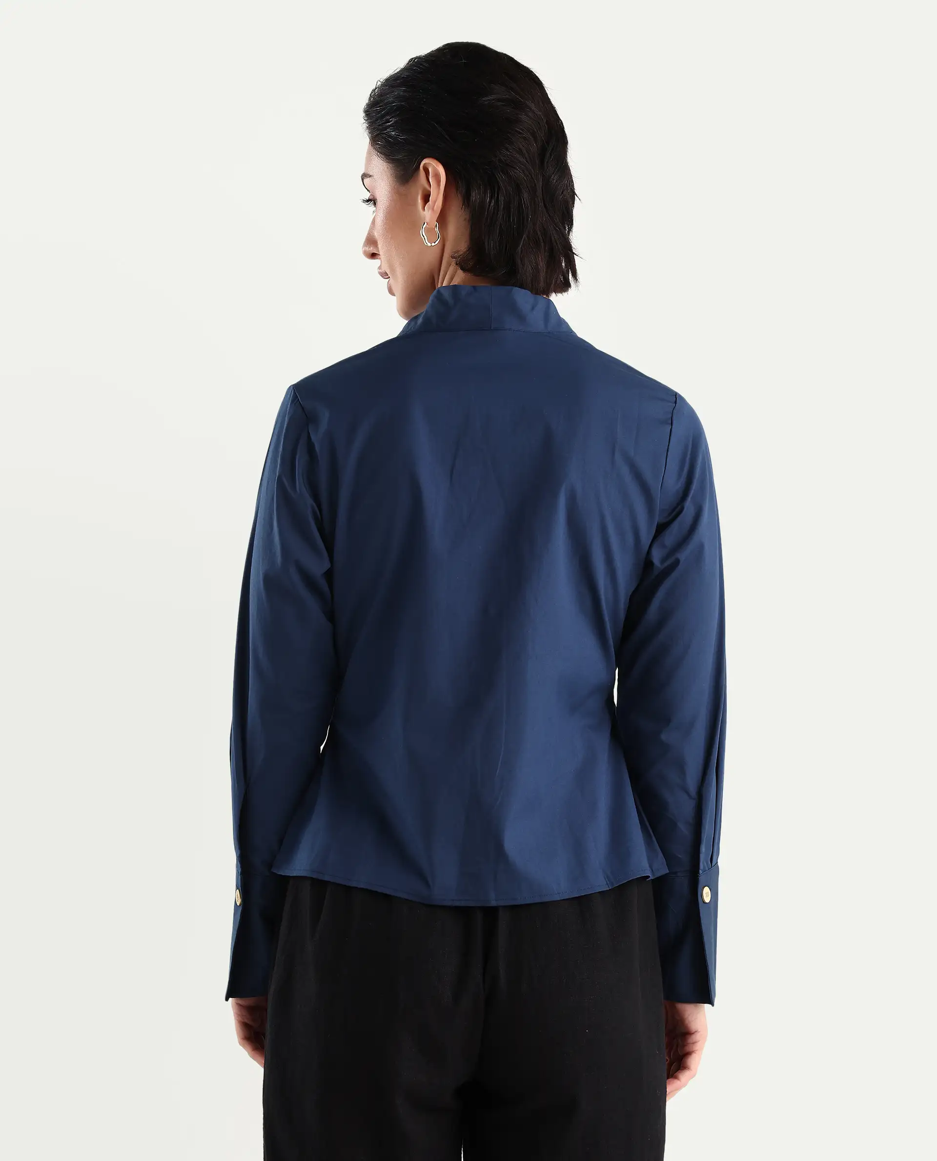 Rareism Women's Kaldo Light Navy Cotton Blend High Neck Plain Crop Regular Fit Top - Image 7