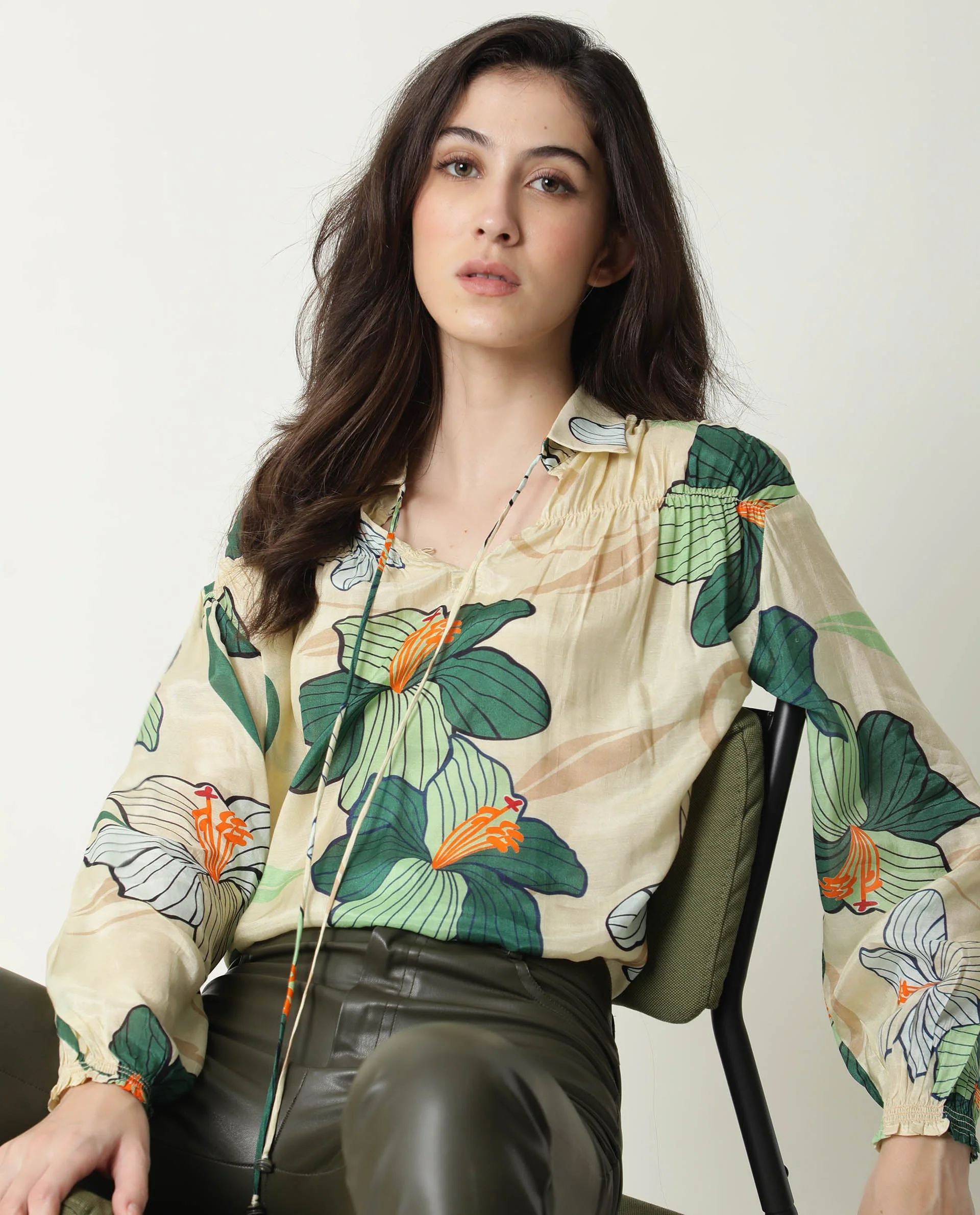 Rareism Women's Kalina Offwhite Tie-Up Neck Floral Print Knee Length Regular Fit Top