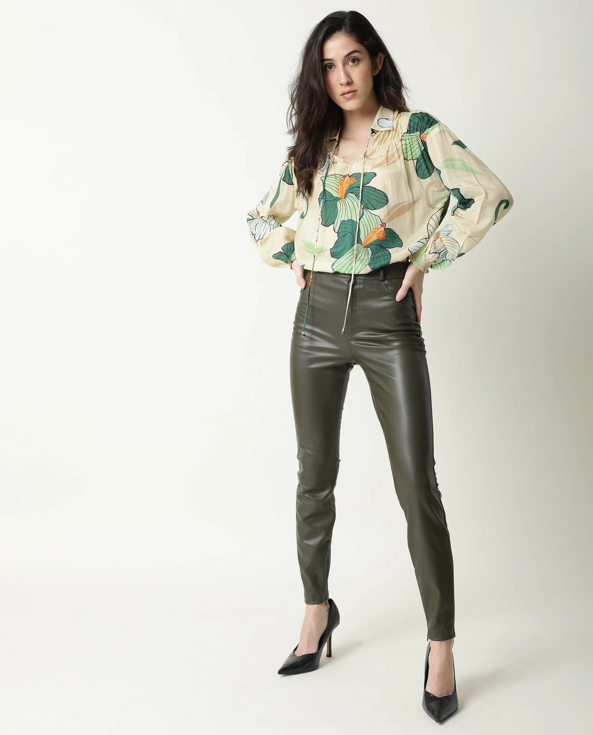 Rareism Women's Kalina Offwhite Tie-Up Neck Floral Print Knee Length Regular Fit Top - Image 11