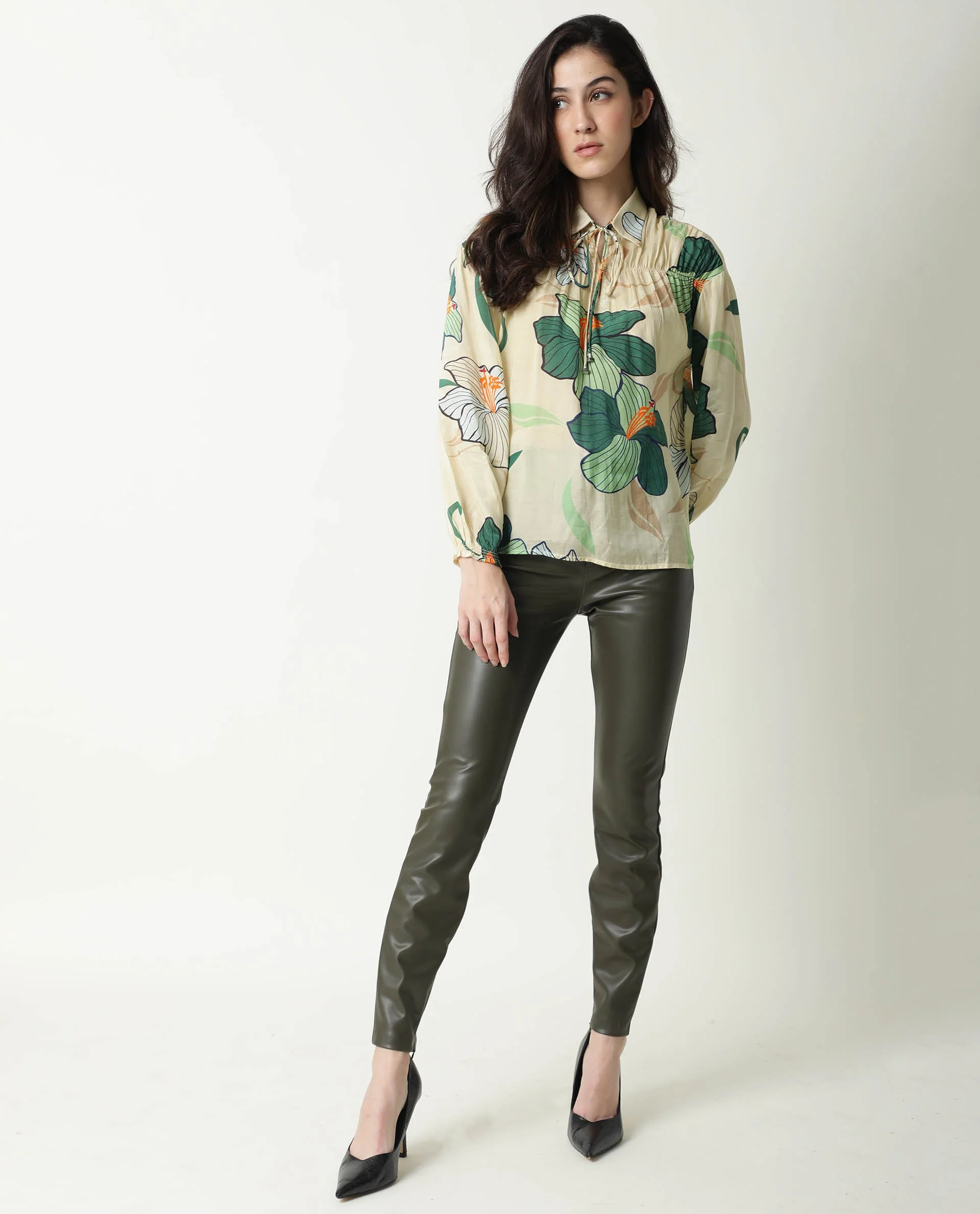 Rareism Women's Kalina Offwhite Tie-Up Neck Floral Print Knee Length Regular Fit Top - Image 5