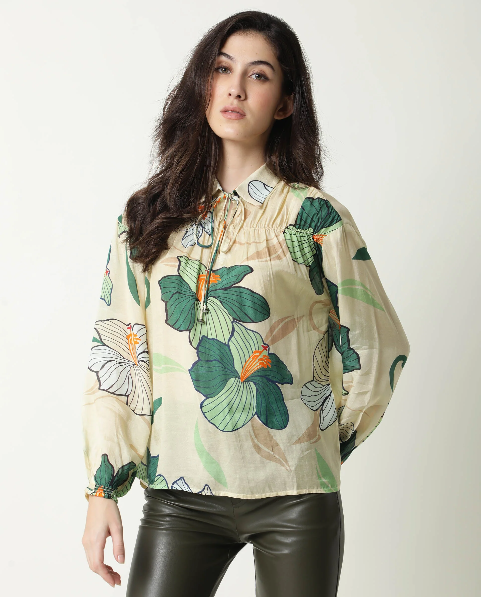Rareism Women's Kalina Offwhite Tie-Up Neck Floral Print Knee Length Regular Fit Top - Image 7