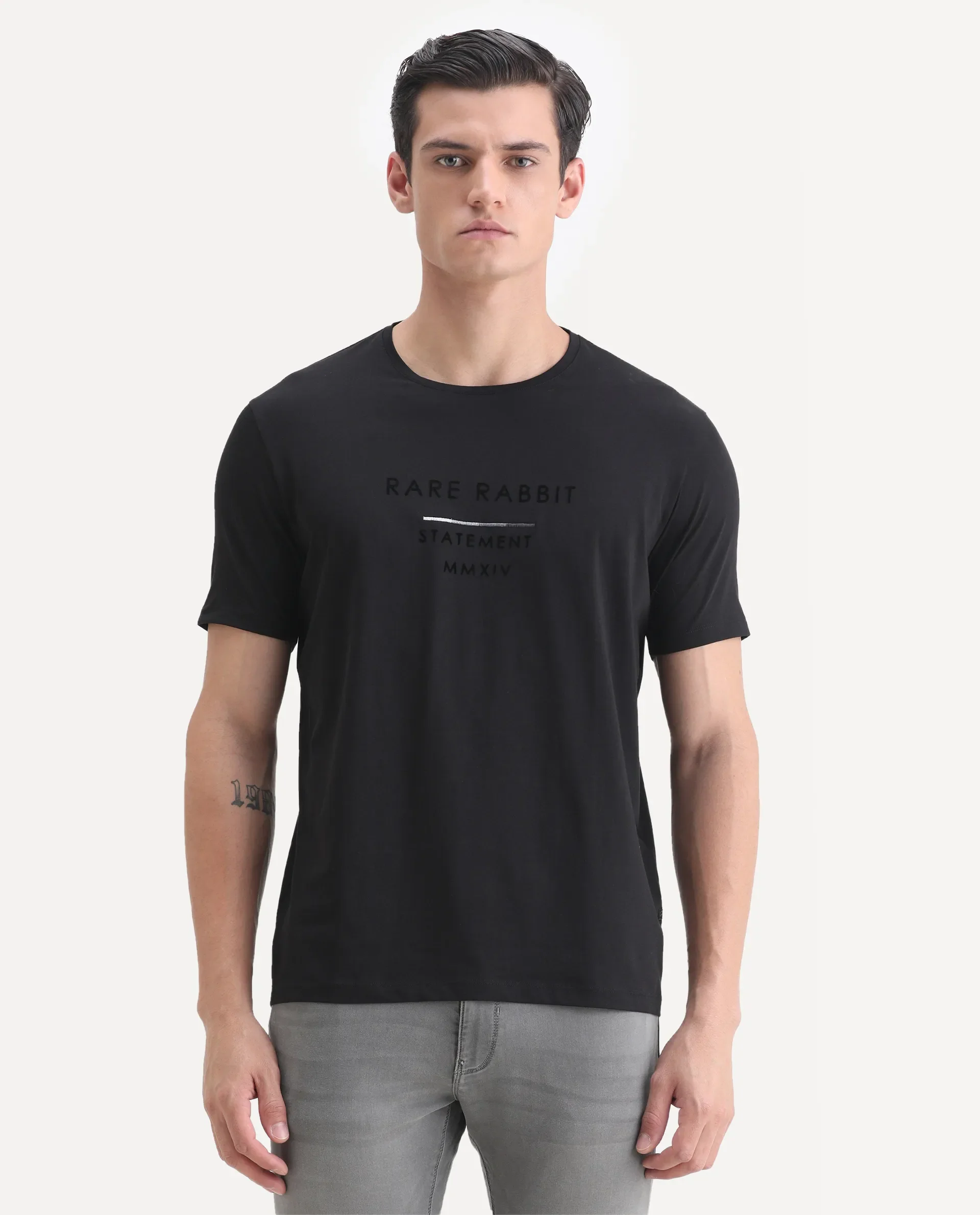 Rare Rabbit Men's Kalo Black Cotton Blend Graphic Print Regular Fit Half Sleeve Crew Neck T-Shirt - Image 4