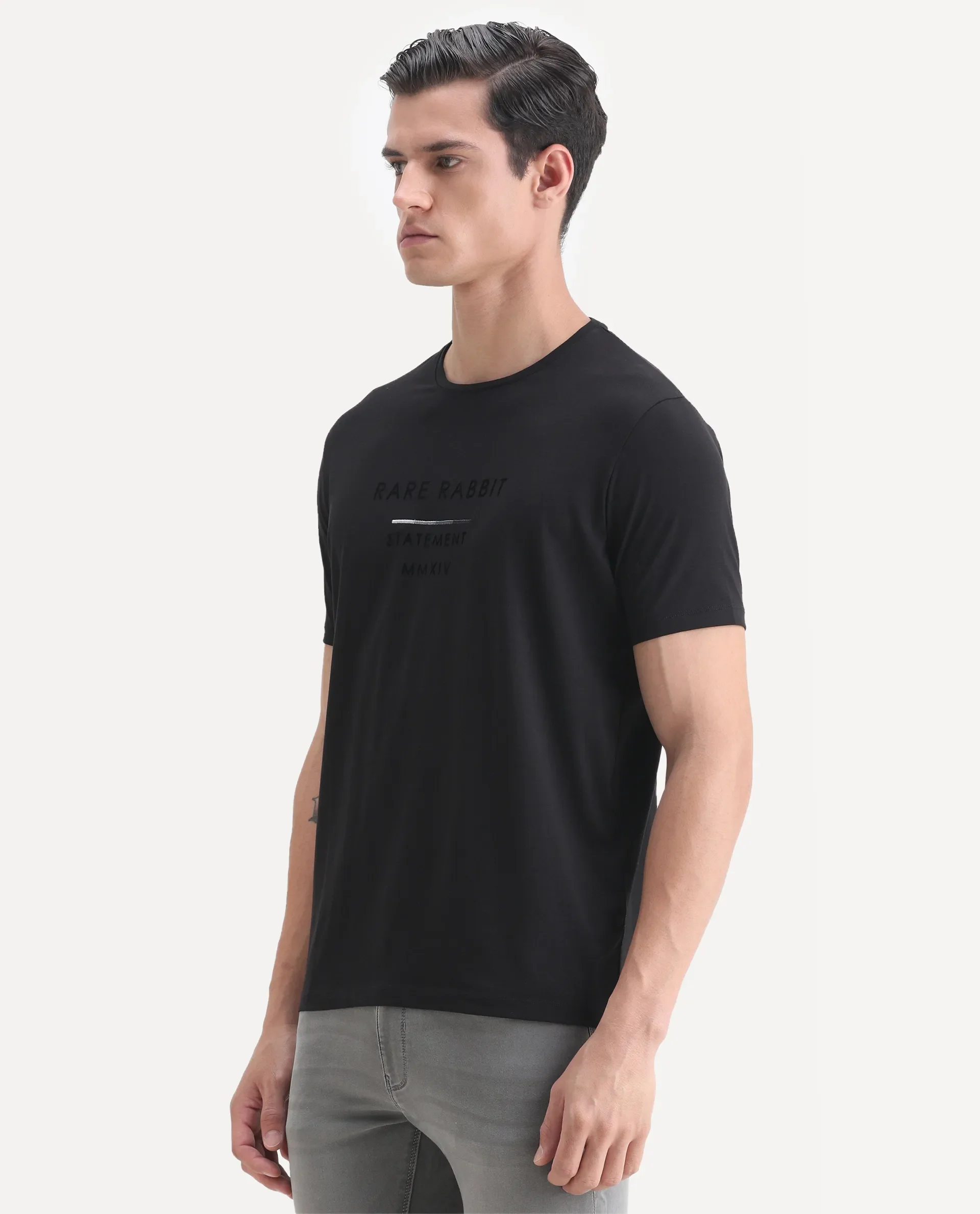 Rare Rabbit Men's Kalo Black Cotton Blend Graphic Print Regular Fit Half Sleeve Crew Neck T-Shirt - Image 5