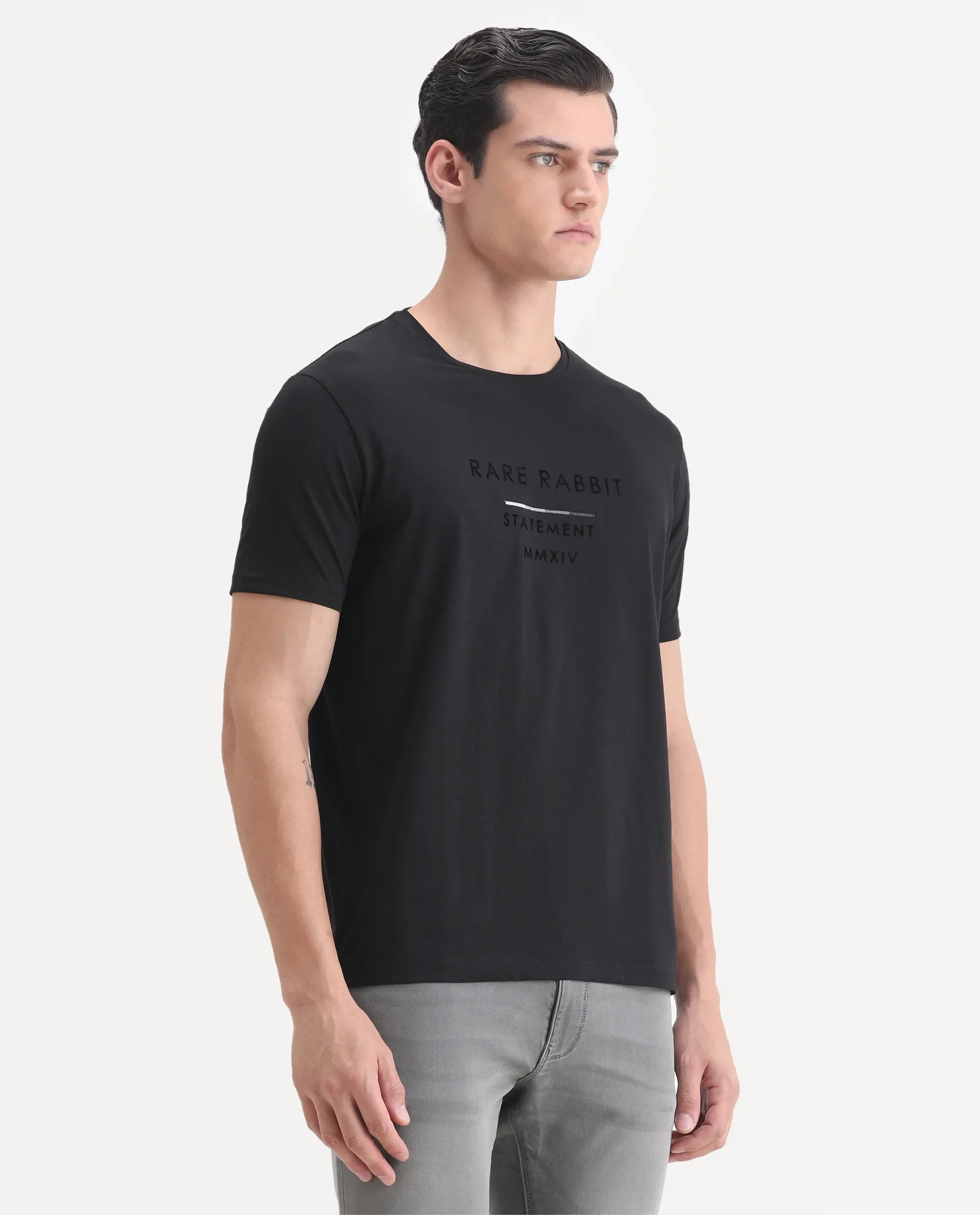 Rare Rabbit Men's Kalo Black Cotton Blend Graphic Print Regular Fit Half Sleeve Crew Neck T-Shirt - Image 6
