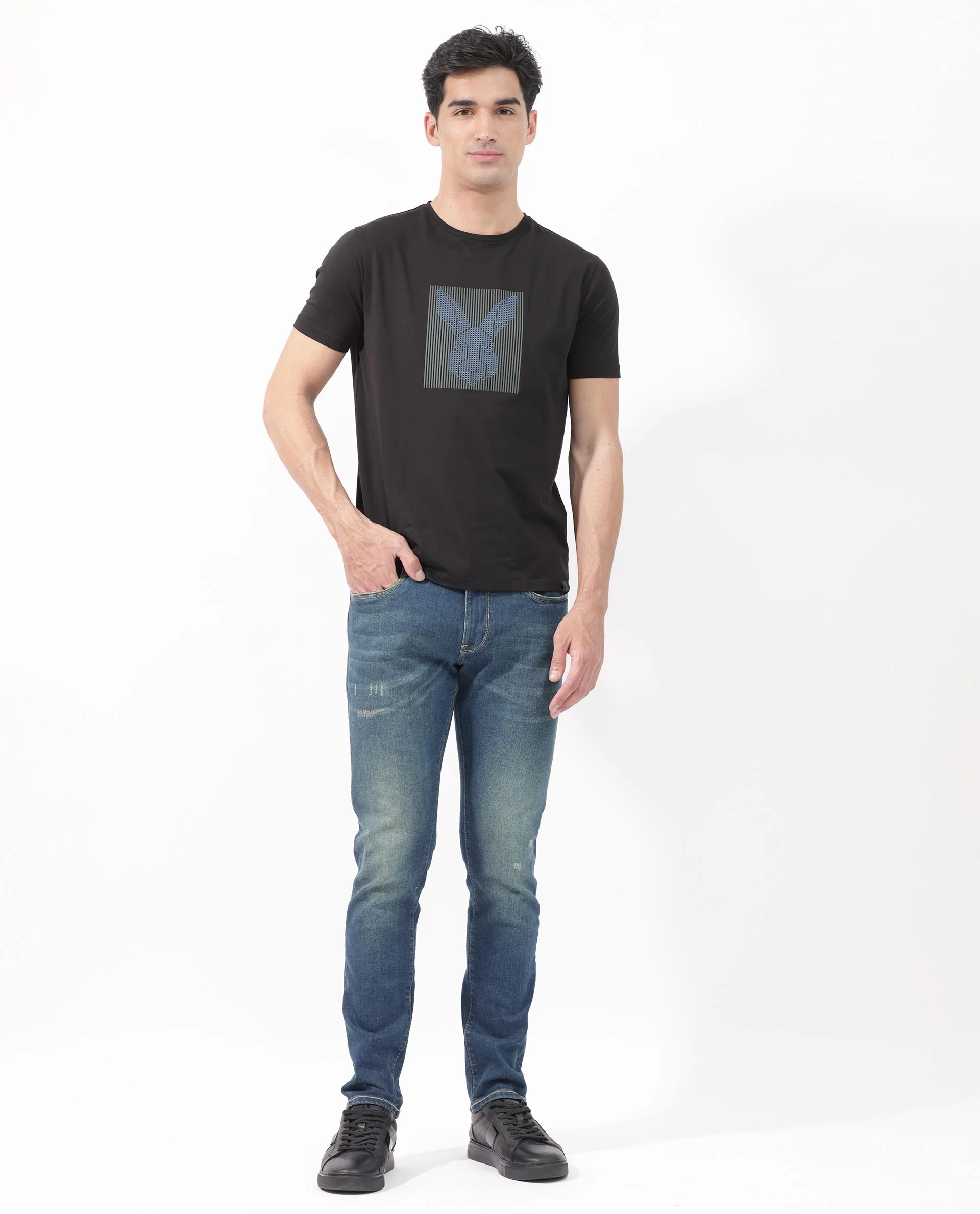 Rare Rabbit Men's Kalon Black Cotton Blend Graphic Print Regular Fit Half Sleeve Crew Neck T-Shirt - Image 3