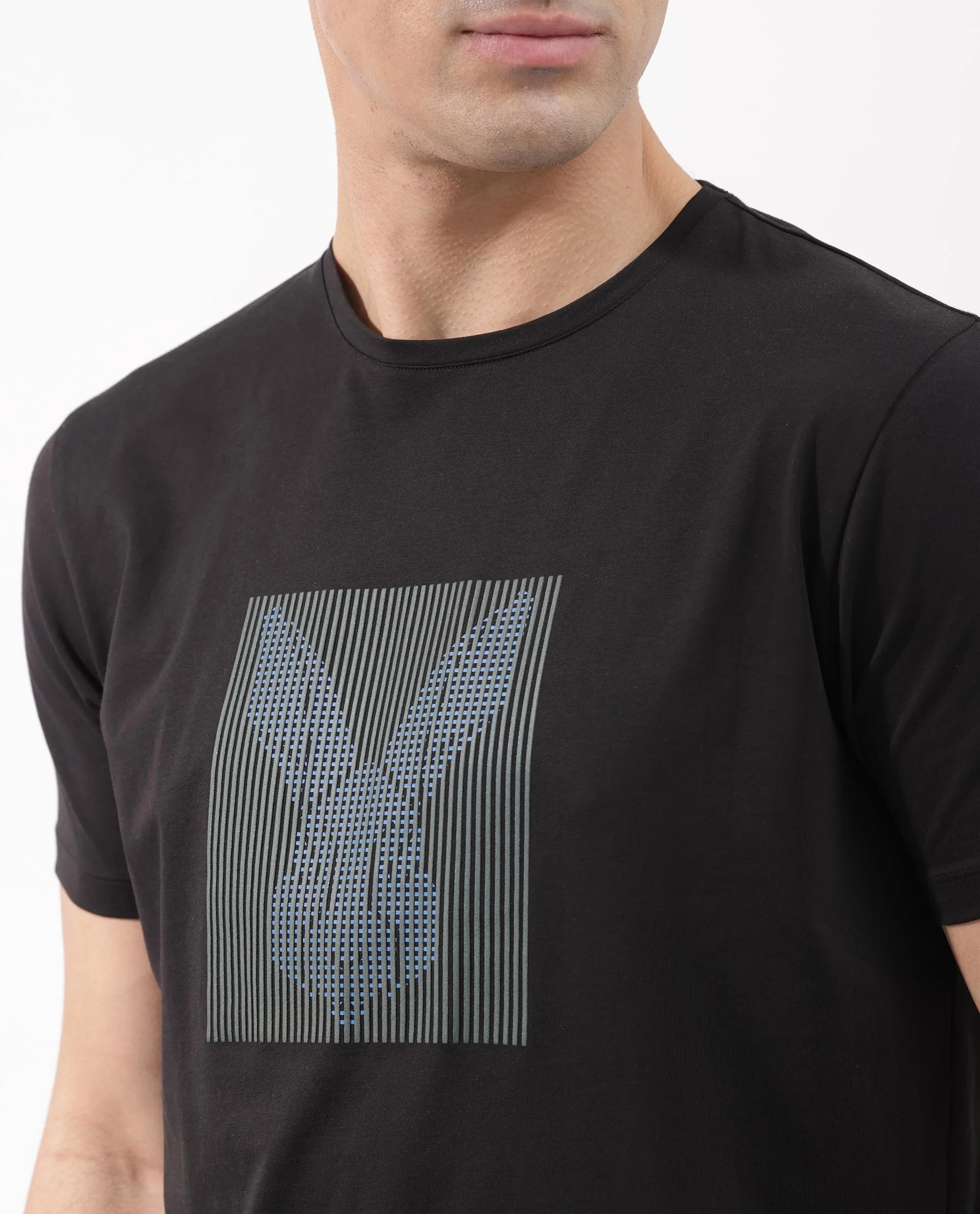 Rare Rabbit Men's Kalon Black Cotton Blend Graphic Print Regular Fit Half Sleeve Crew Neck T-Shirt - Image 4