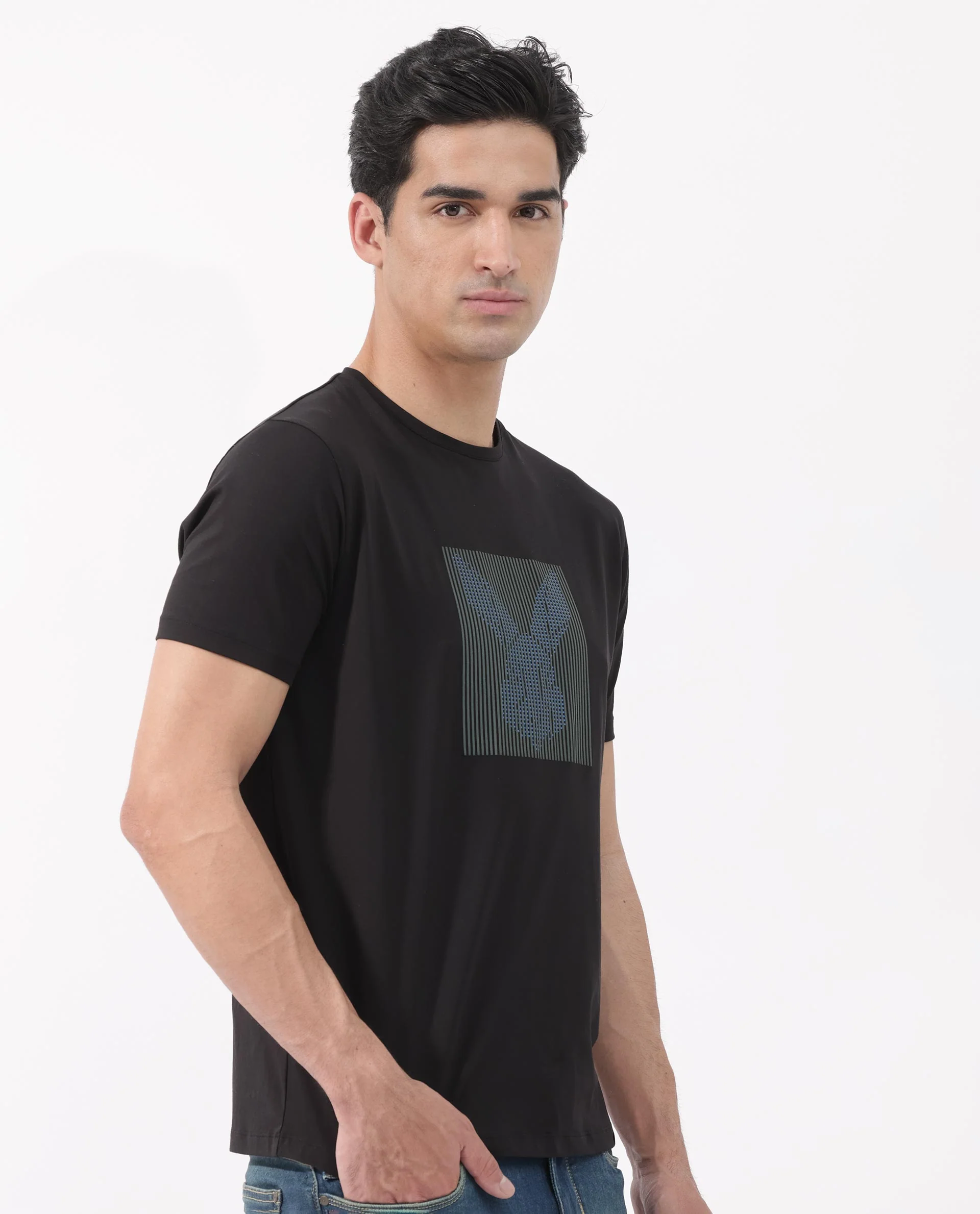 Rare Rabbit Men's Kalon Black Cotton Blend Graphic Print Regular Fit Half Sleeve Crew Neck T-Shirt - Image 6