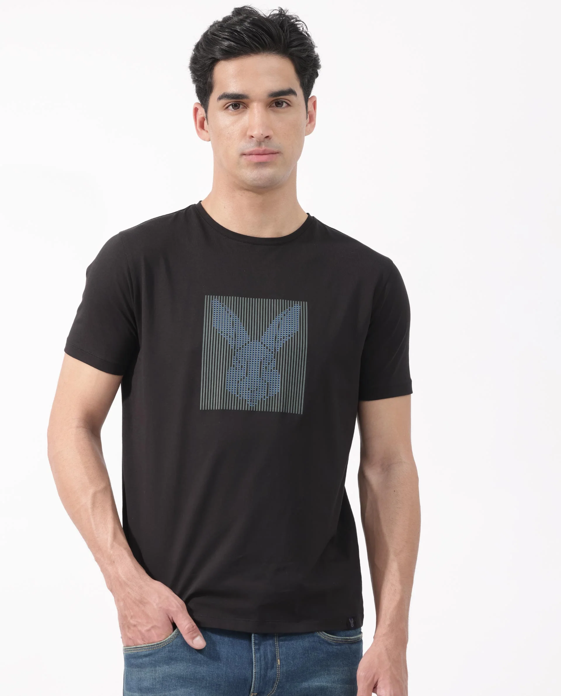 Rare Rabbit Men's Kalon Black Cotton Blend Graphic Print Regular Fit Half Sleeve Crew Neck T-Shirt - Image 7
