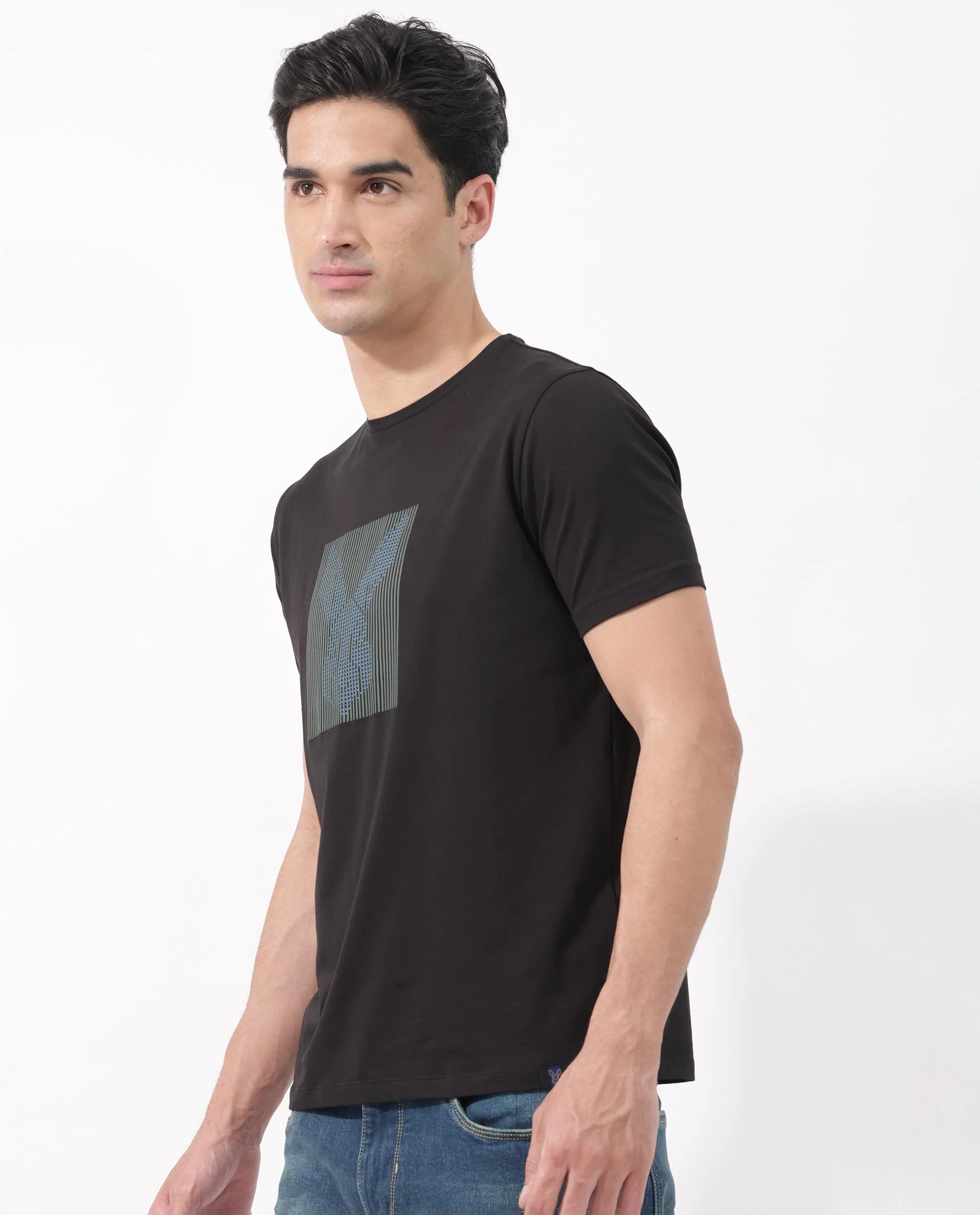 Rare Rabbit Men's Kalon Black Cotton Blend Graphic Print Regular Fit Half Sleeve Crew Neck T-Shirt - Image 8