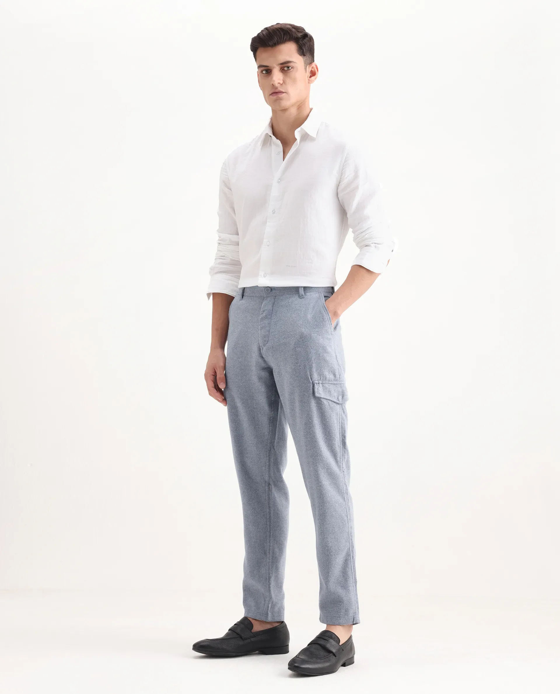 Rare Rabbit Men's Kalor Blue Cotton Plain Regular Fit Trouser - Image 4