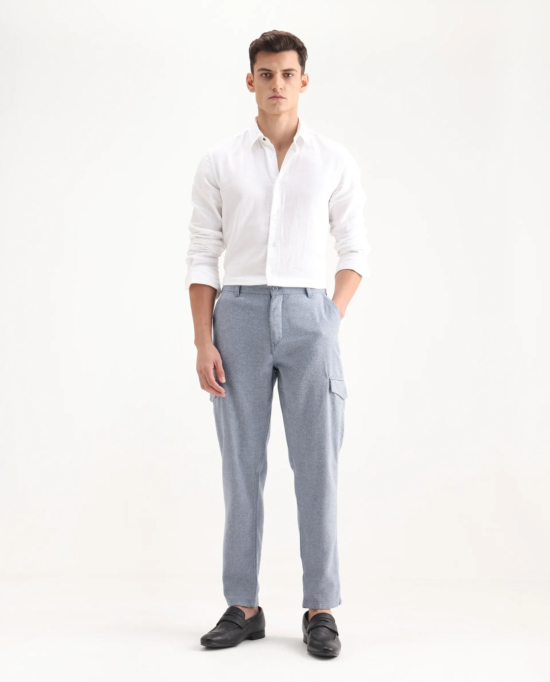 Rare Rabbit Men's Kalor Blue Cotton Plain Regular Fit Trouser - Image 6