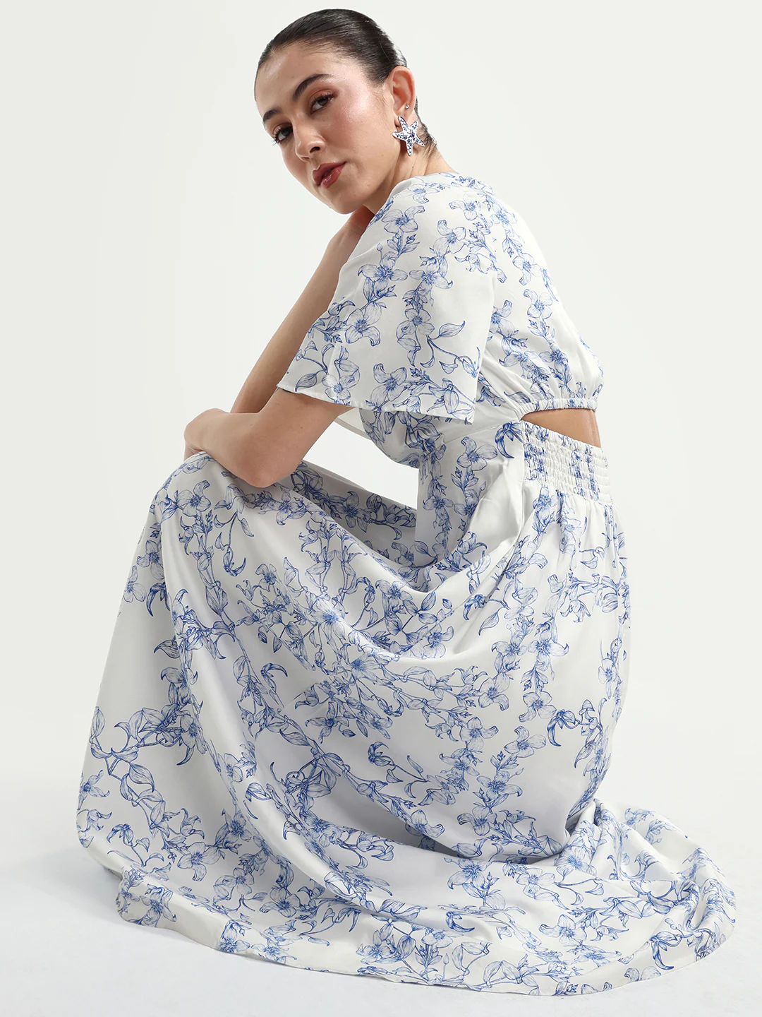 Rareism Women's Kamahe Off White Cotton Blend V-Neck Pull-On Fit And Flare Ornamental Print Dress - Image 2