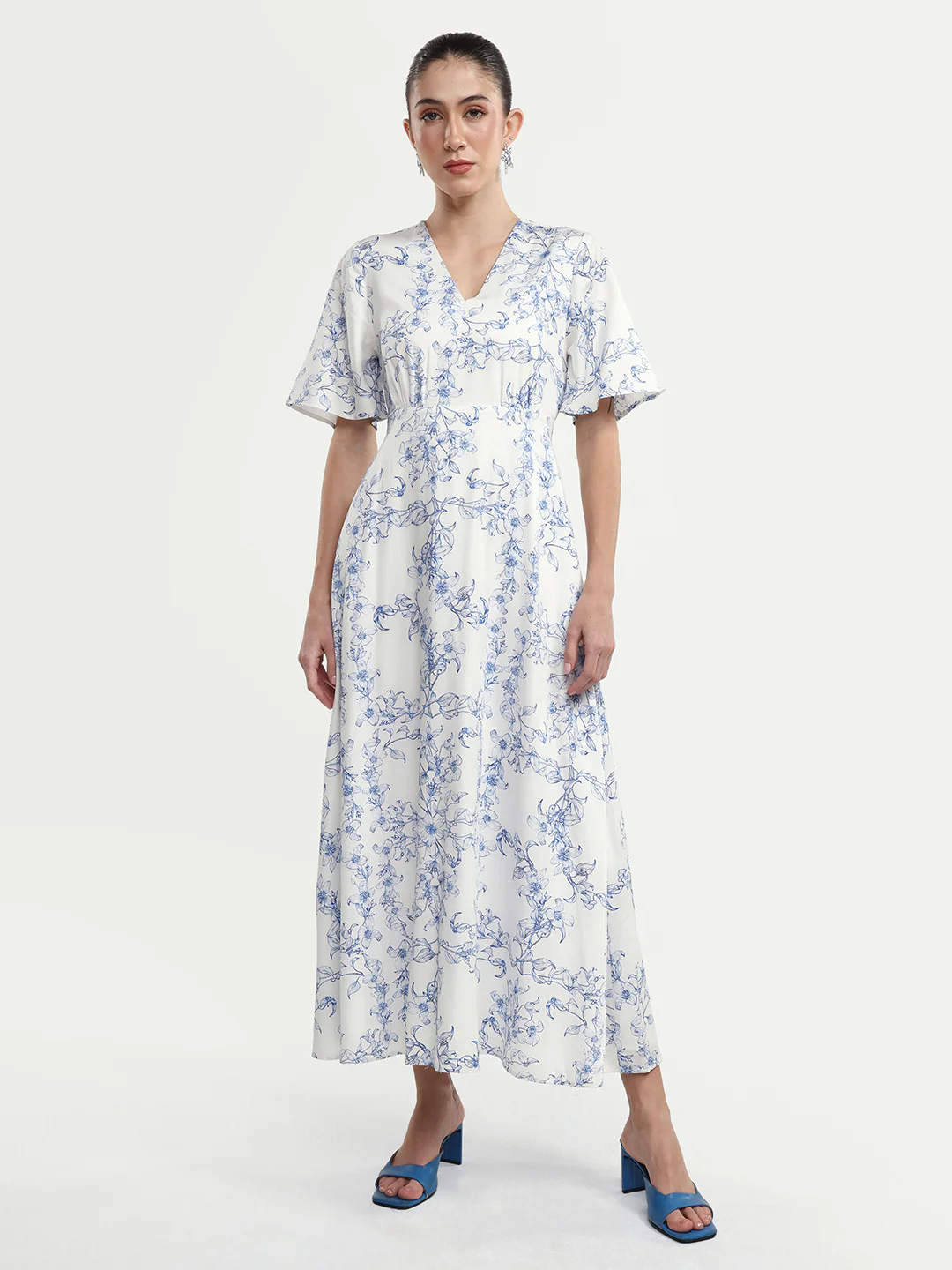 Rareism Women's Kamahe Off White Cotton Blend V-Neck Pull-On Fit And Flare Ornamental Print Dress - Image 3