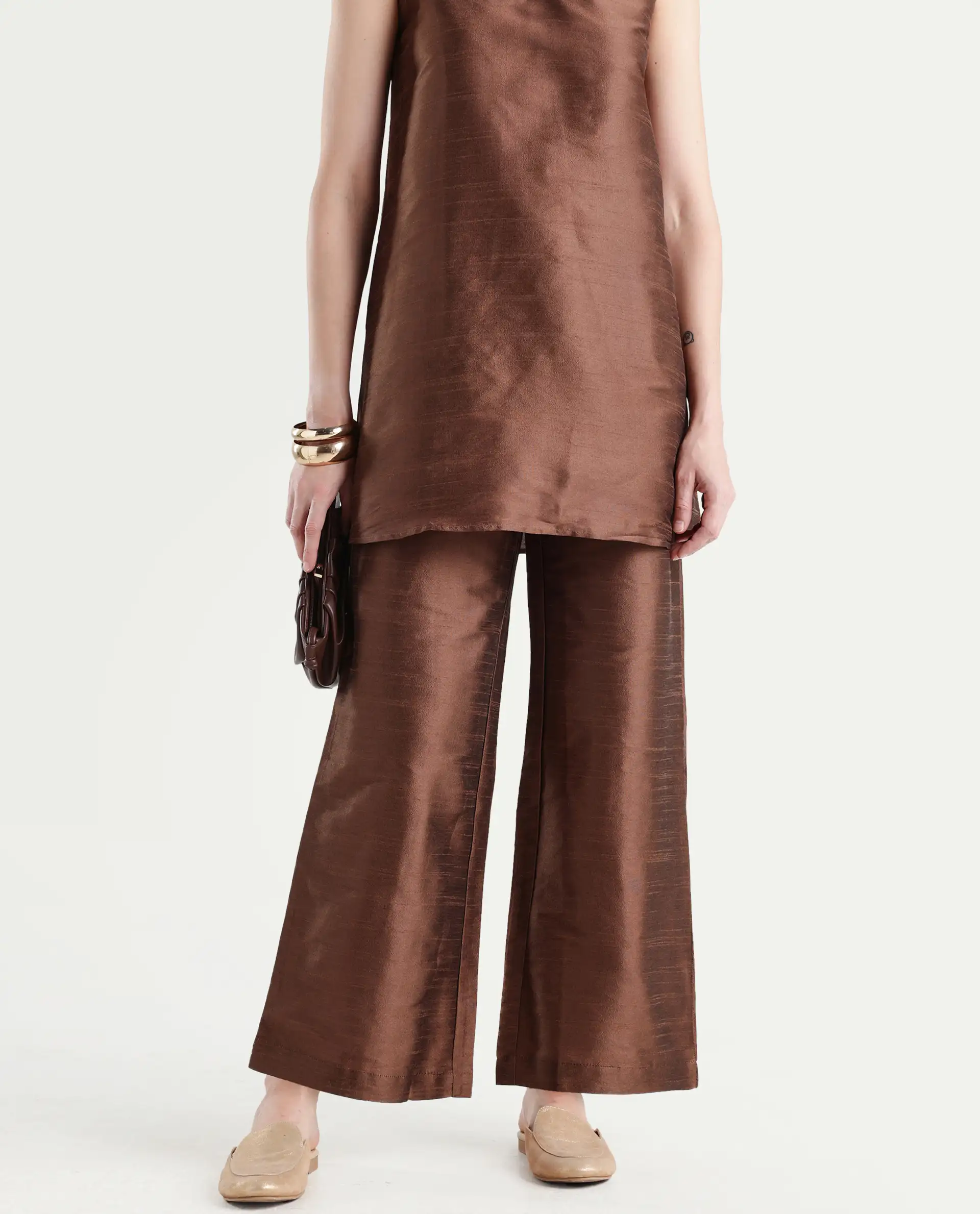 Rareism Women's Kamla B Dark Brown Silk Plain Ankle Length Straight Fit Trouser - Image 2