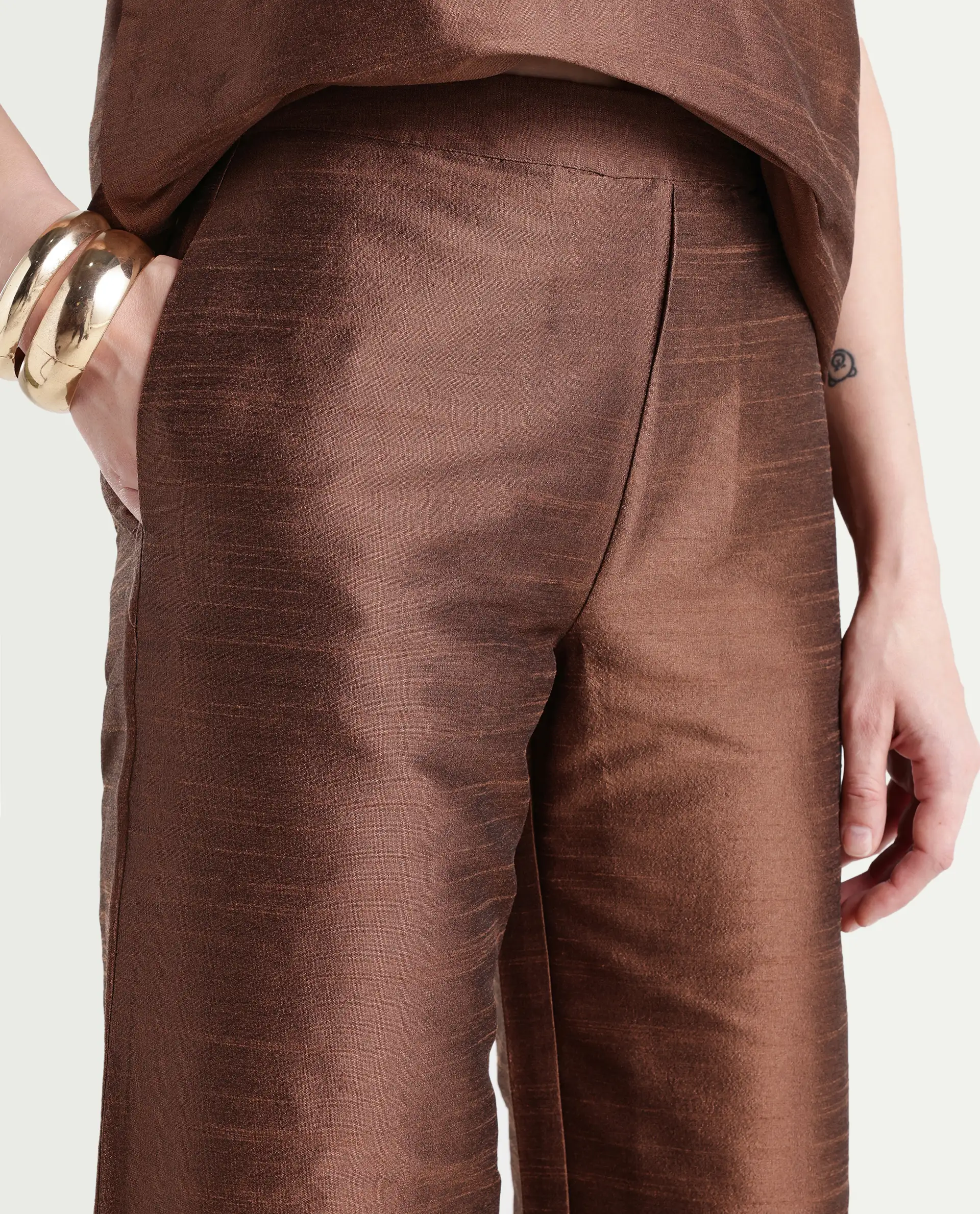 Rareism Women's Kamla B Dark Brown Silk Plain Ankle Length Straight Fit Trouser - Image 4