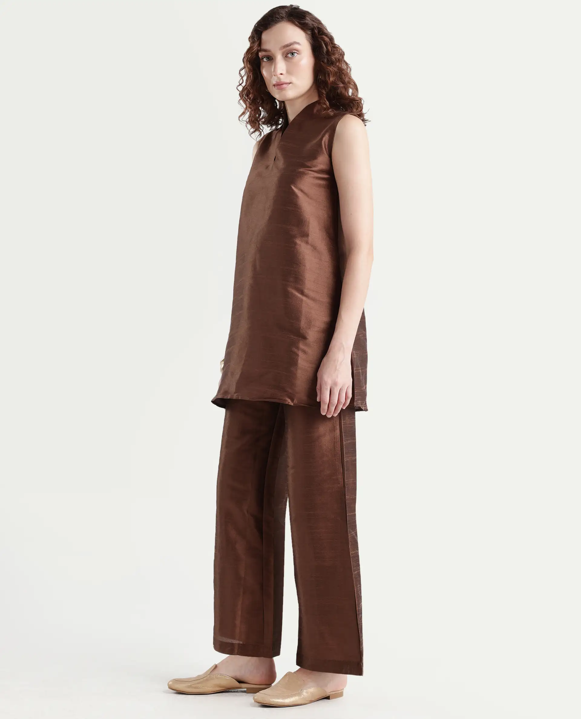 Rareism Women's Kamla B Dark Brown Silk Plain Ankle Length Straight Fit Trouser - Image 5