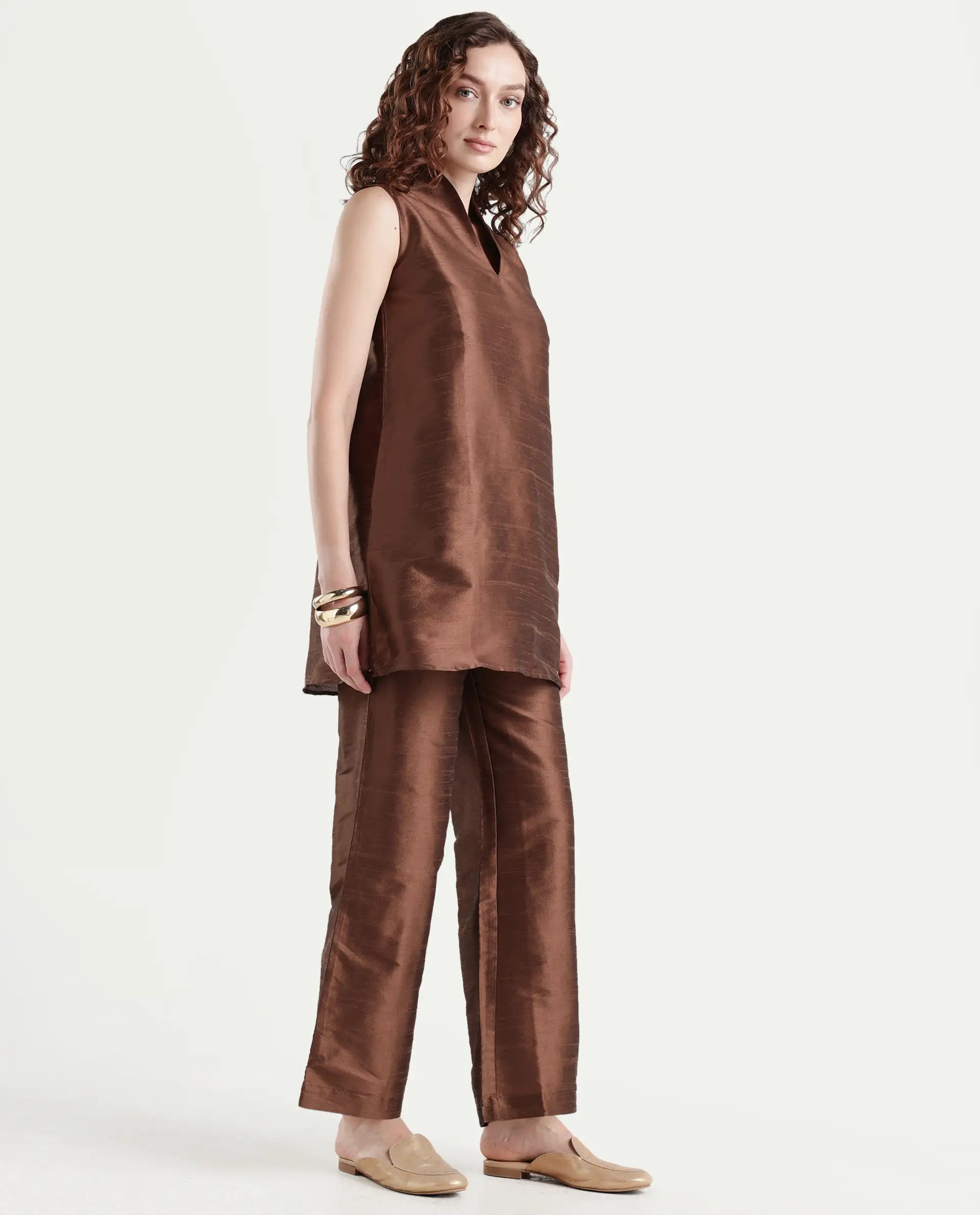 Rareism Women's Kamla B Dark Brown Silk Plain Ankle Length Straight Fit Trouser - Image 6