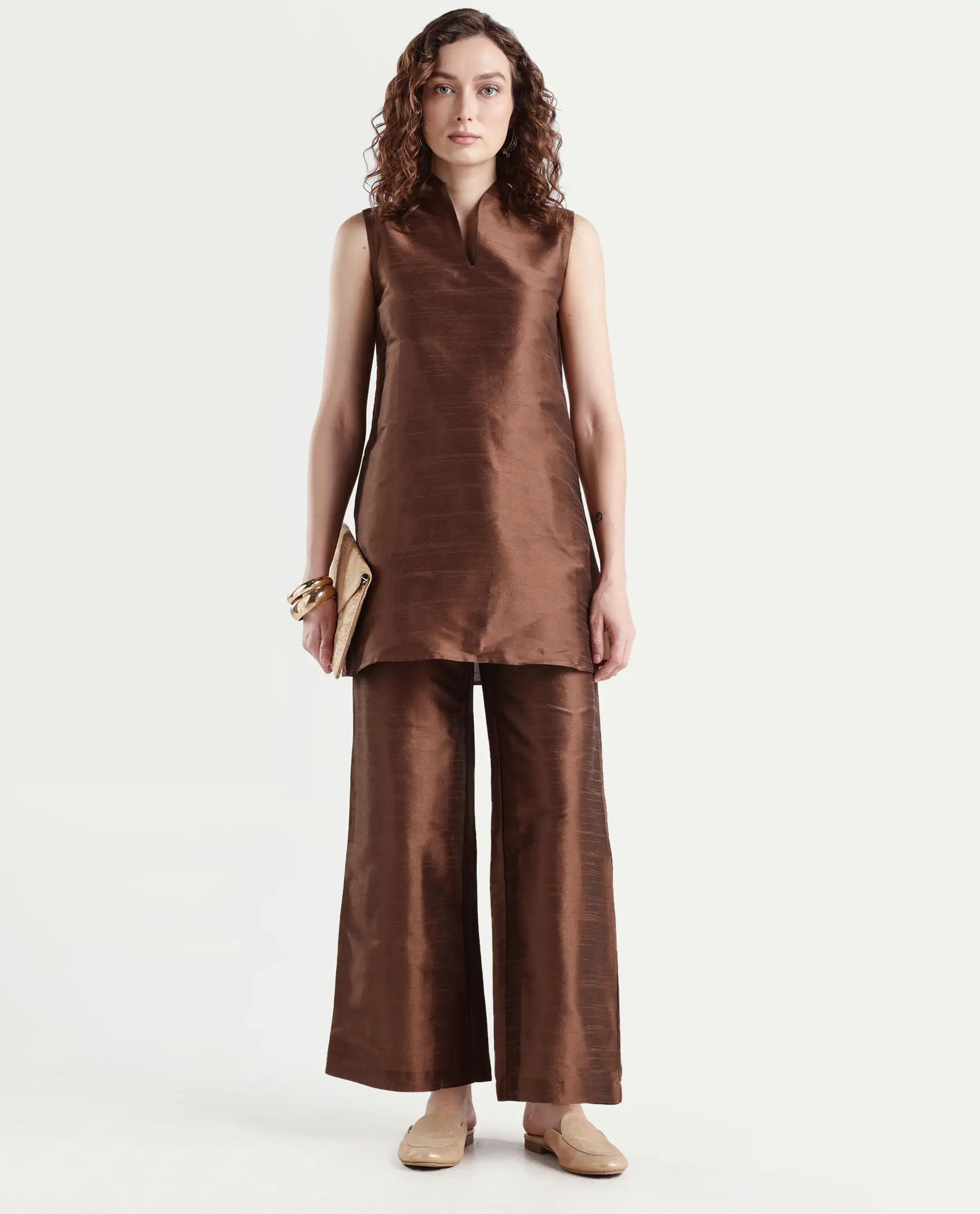 Rareism Women's Kamla Dark Brown Silk V-Neck Plain Sleeveless Knee Length Regular Fit Top - Image 2