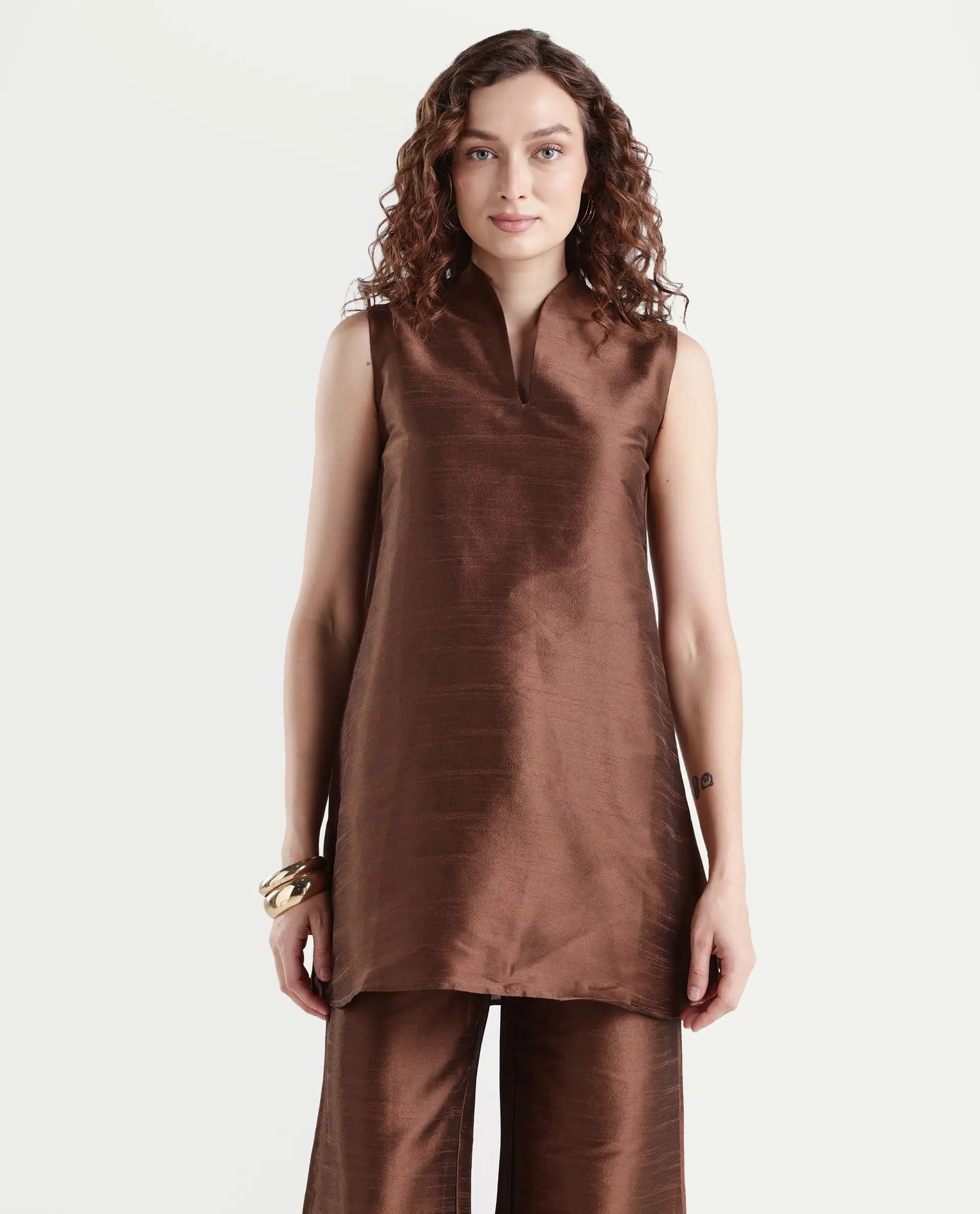 Rareism Women's Kamla Dark Brown Silk V-Neck Plain Sleeveless Knee Length Regular Fit Top - Image 3